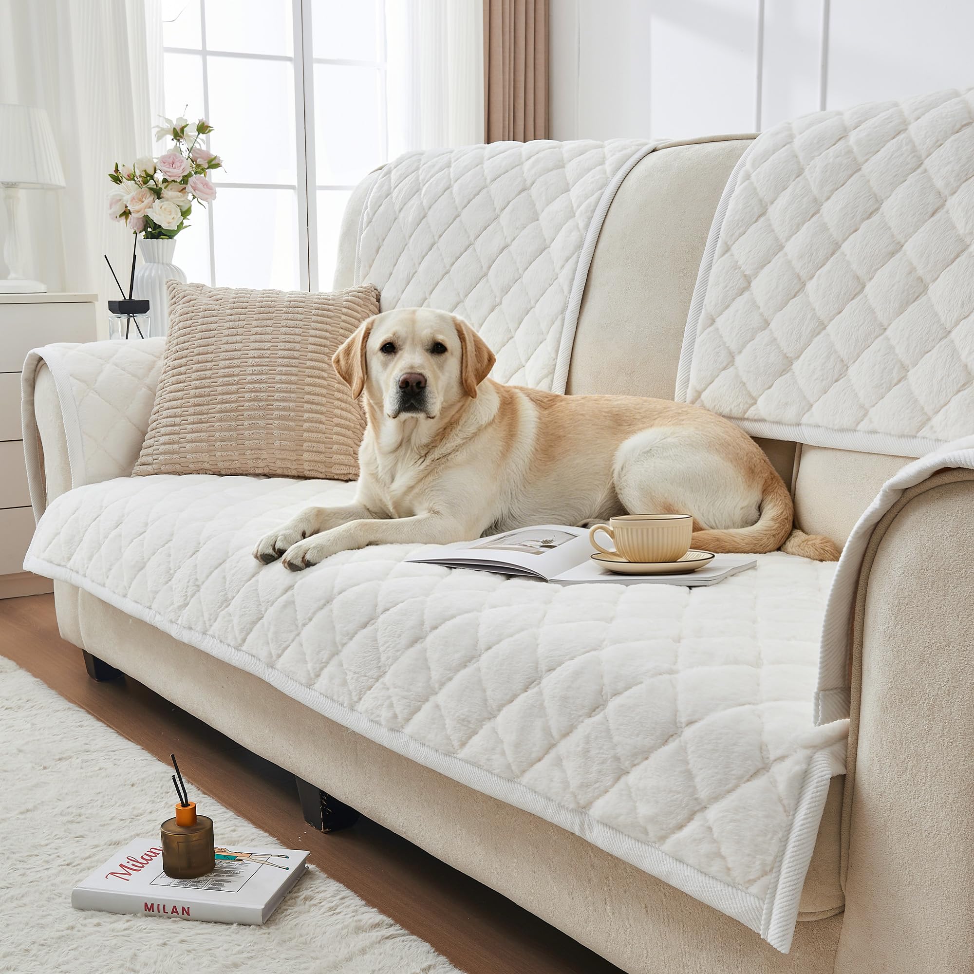 beeweed Thick Sofa Cover, New Faux Mink Velvet Universal Sofa Slipcovers for 2/3/4 Seater, Non-Slip Washable Furniture Protector for Corner Couch, Sofa Cover (Beige, 70x210cm)