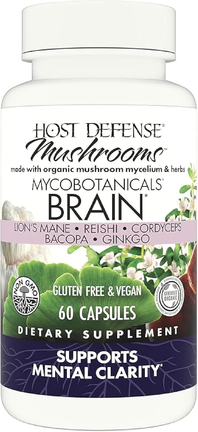 Host Defense MycoBotanicals Brain* Capsules - Brain Support Supplement with Lion's Mane, Reishi & Cordyceps Mushroom - Herbal Supplement for Memory & Focus Support - 60 Capsules (30 Servings)* Standard Packaging - Image 1 of 7