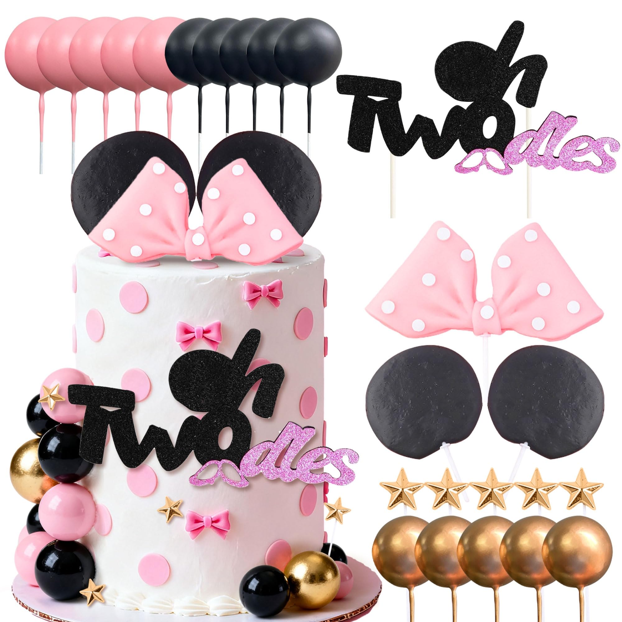 Mouse Cake Topper Oh Twodles Pink Bow Ears Cake Decorations for Girl Birthday Baby Shower Party Supplies