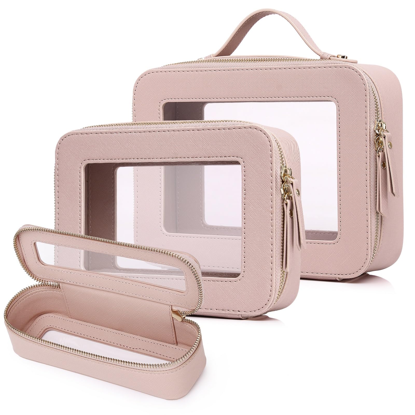 Travel Makeup Set Waterproof Transparent Cosmetic Bag and Toiletry Bag Makeup Brush case with Zipper Car Essentials for Women (Pink, L+M+SLIM)