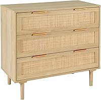HOPUBUY 3-Drawer Rattan Modern Dresser, 63" Large Wood Oak Chest of Drawers for Bedroom, Kids Room, Hallway Storage
