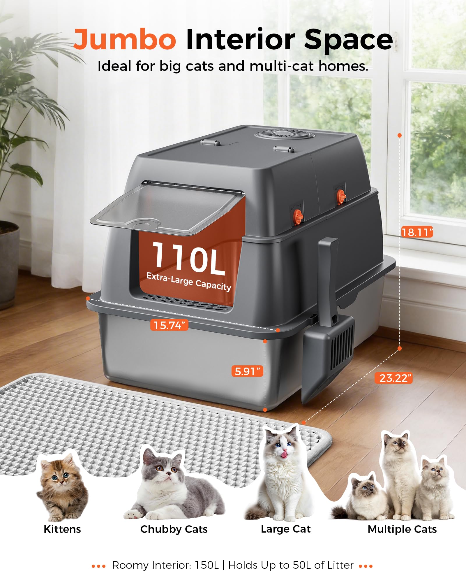 GTPLAYER XXL Stainless Steel Cat Litter Box with Lid, High Sided Enclosed Covered Litterbox, Activated Carbon Odor Control, Extra Large Metal Cat Box, Non-Stick, with Mat & Scoop, Grey - image 2