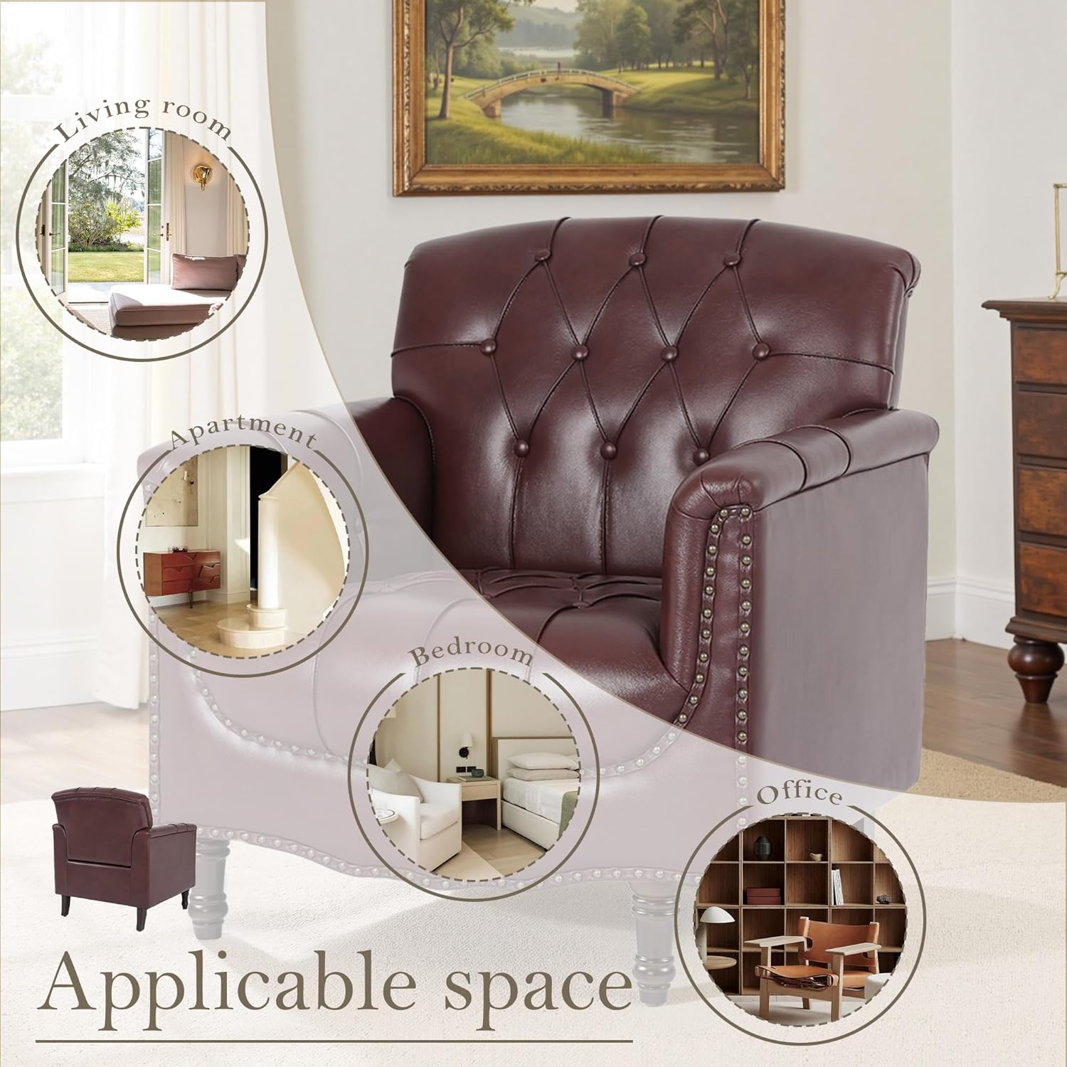 Pia Ricco Modern Tufted Accent Chair, Single Faux Leather Armchair with Nailhead Trim & Wood Legs, Comfortable Upholstered Seat for Living Room, Office - Wine Red