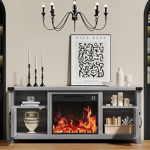 Miniatura 3 de YESHOMY - Mueble para TV con chimenea y puertas estilo granja con estante de exhibición abierto, consola multimedia de estilo granja con Gris