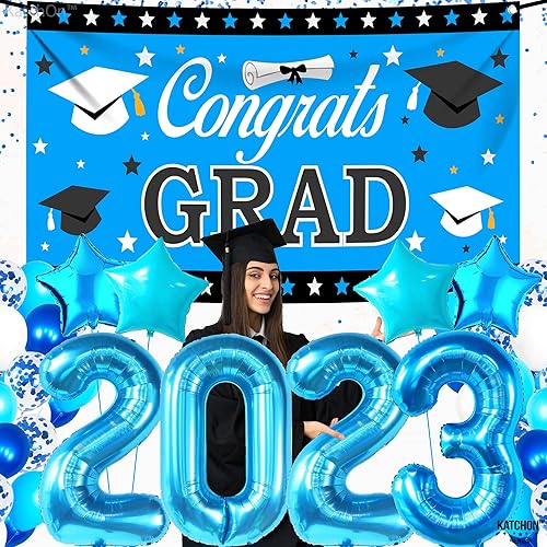 Miniatura 2 de KatchOn, Decoraciones de graduación azul para la clase de 2023, paquete de 43, decoración de globos azules 2023, pancarta de graduación de
