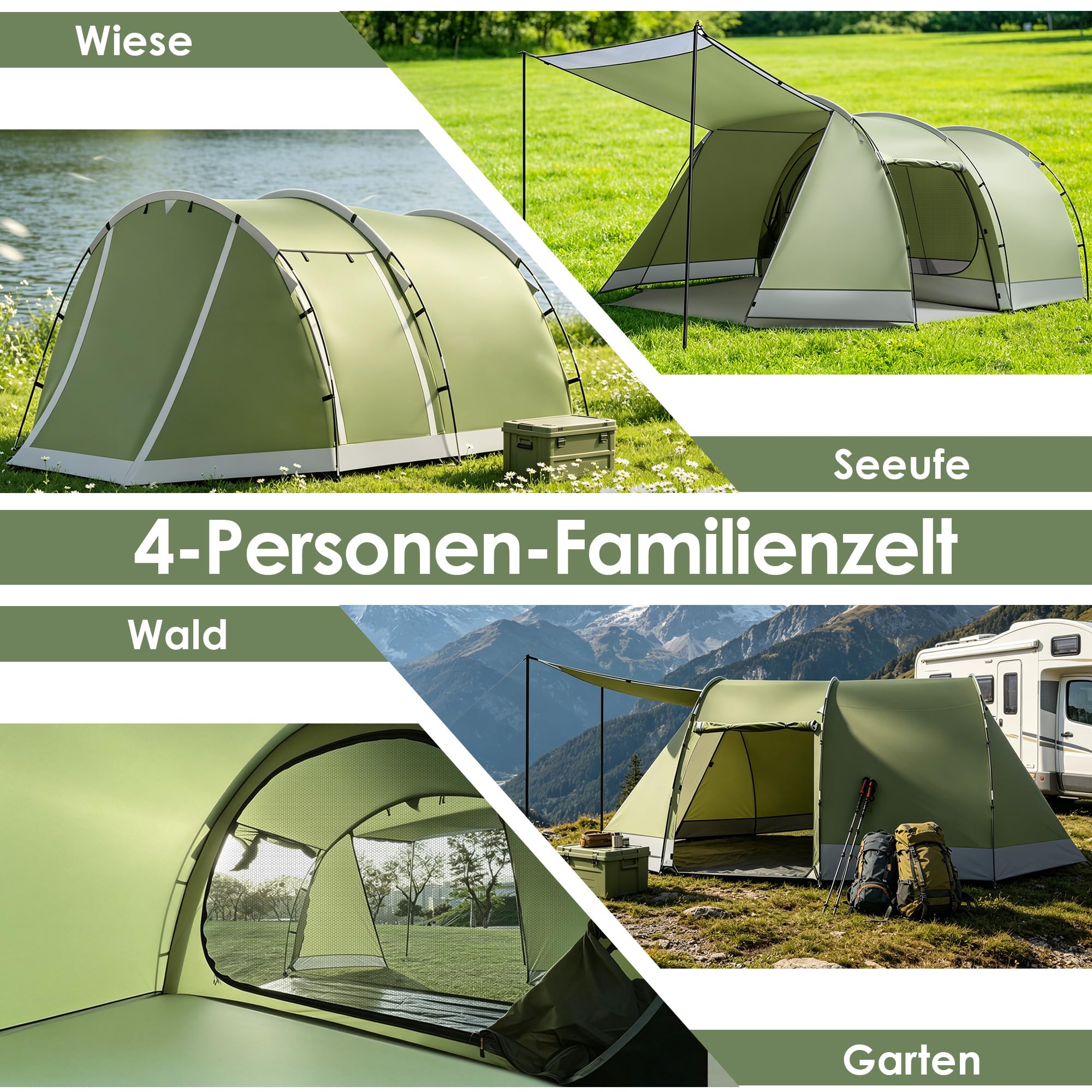 Tunnelzelt,Camping Zelt 4 Personen Zelte 5000mm wasserdichte Familienzelt Gruppenzelt 420x260 x150cm Campingzelt mit Vorzelt Schlafkabine Tent mit abnehmbarem Zeltboden