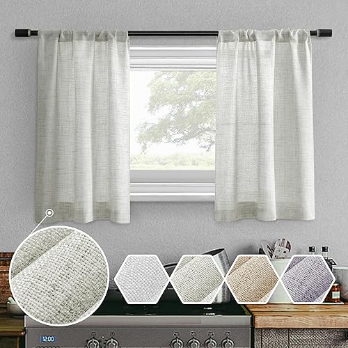 Miniatura 9 de Cortinas de lino semitransparentes con textura de cocina, 36 pulgadas de largo, cortinas pequeñas con bolsillo para barra, cortinas para cafetería