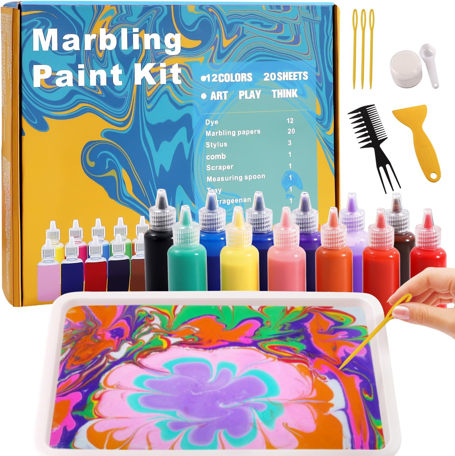Water Marbling Paint for Kids - 12 Colors Kit, Arts and Crafts Set fo...
