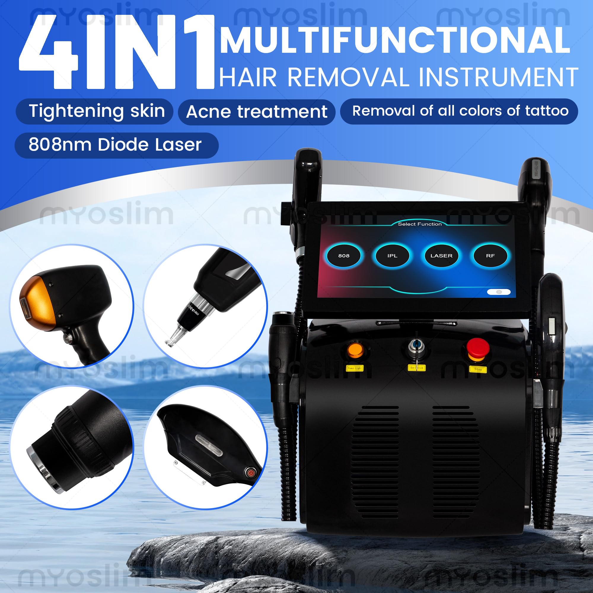Professionelles 4 in 1 Haarentfernungsgerät | 808nm Diodenlaser Kosmetikgerät mit IPL RF, professionelles Hautpflege- und Straffungsgerät