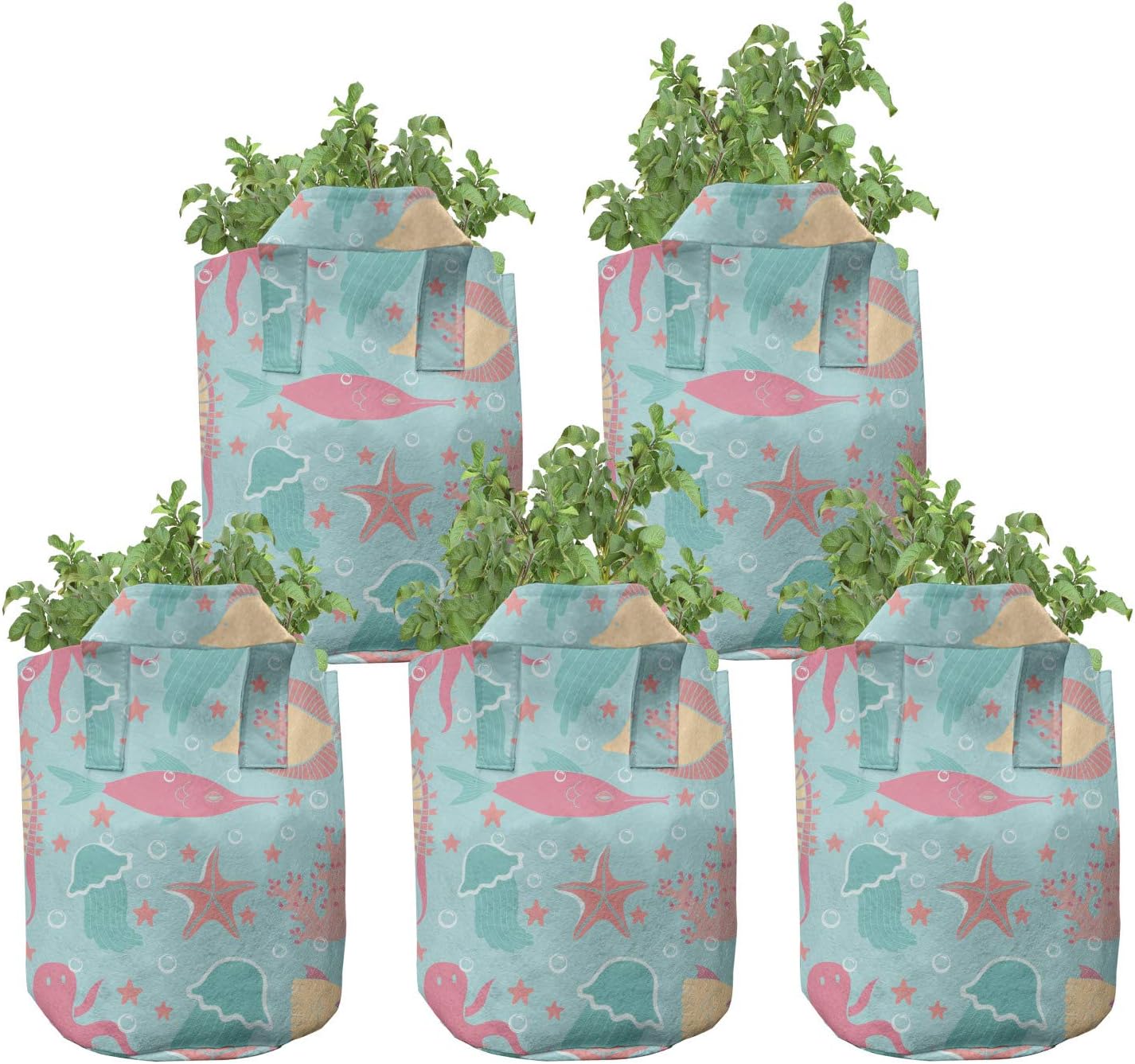 Lunarable Marine Grow Bags 5-Pack, Octopus Seahorse Starfish, Heavyduty Fabric Pots with Handles for Plants, 7 Gallon, Multicolor