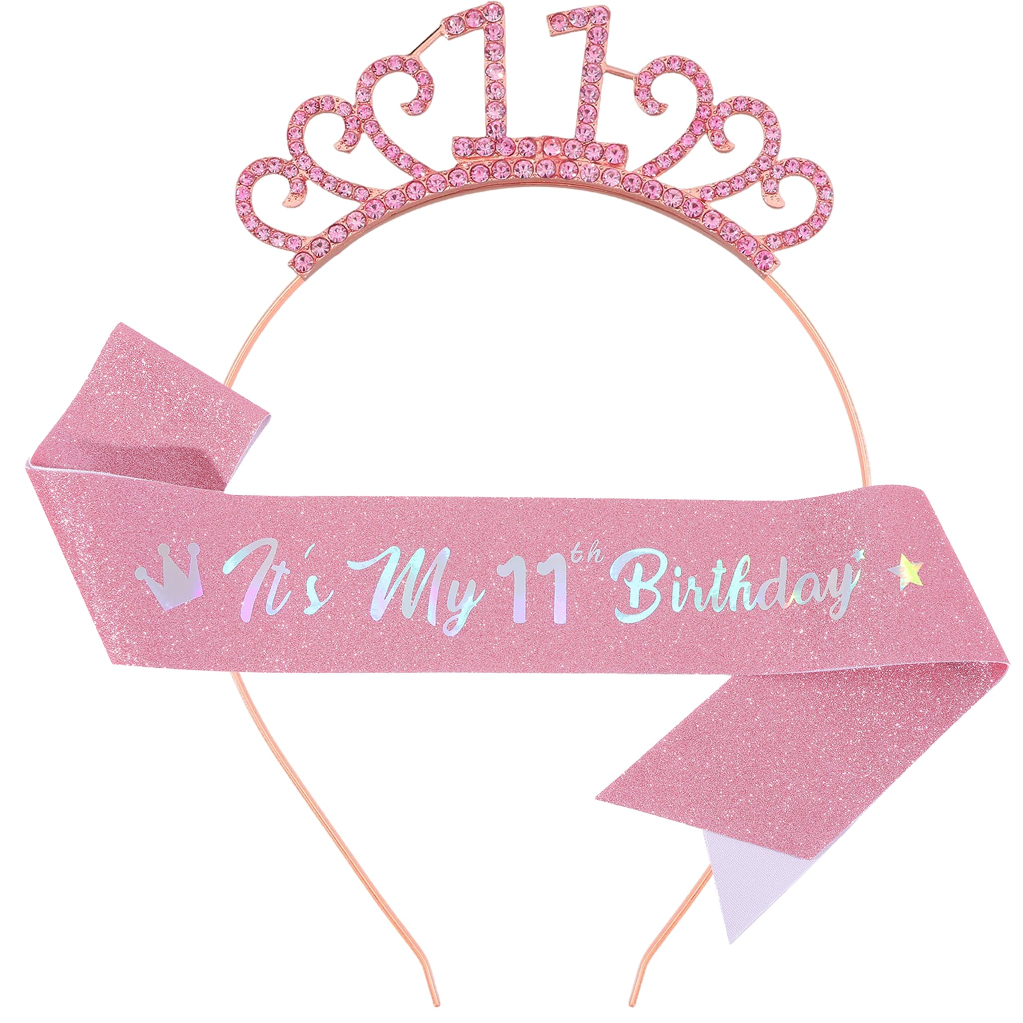 WeveriColle 11th Birthday Sash and Crown Tiara Headband for Girls 11th Birthday Decorations for Girl 11th Birthday Gift Party Accessory Pink