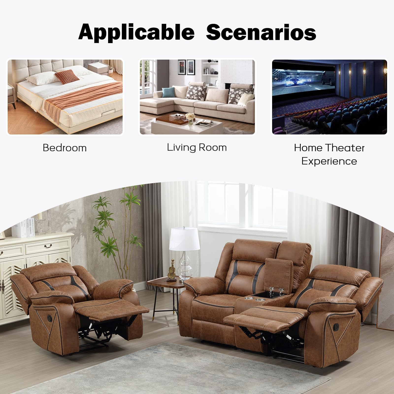 EBELLO Manual Recliner Sofa Set, Faux Leather Reclining Living Room Furniture Set, Included Single Recliner Chair and Manual Loveseat Sofa, Brown view 6