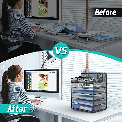 Miniatura 3 de Organizador de escritorio de malla de 6 niveles, bandeja de papel multifuncional con 3 soportes para bolígrafos y 5 compartimentos de almacenamiento