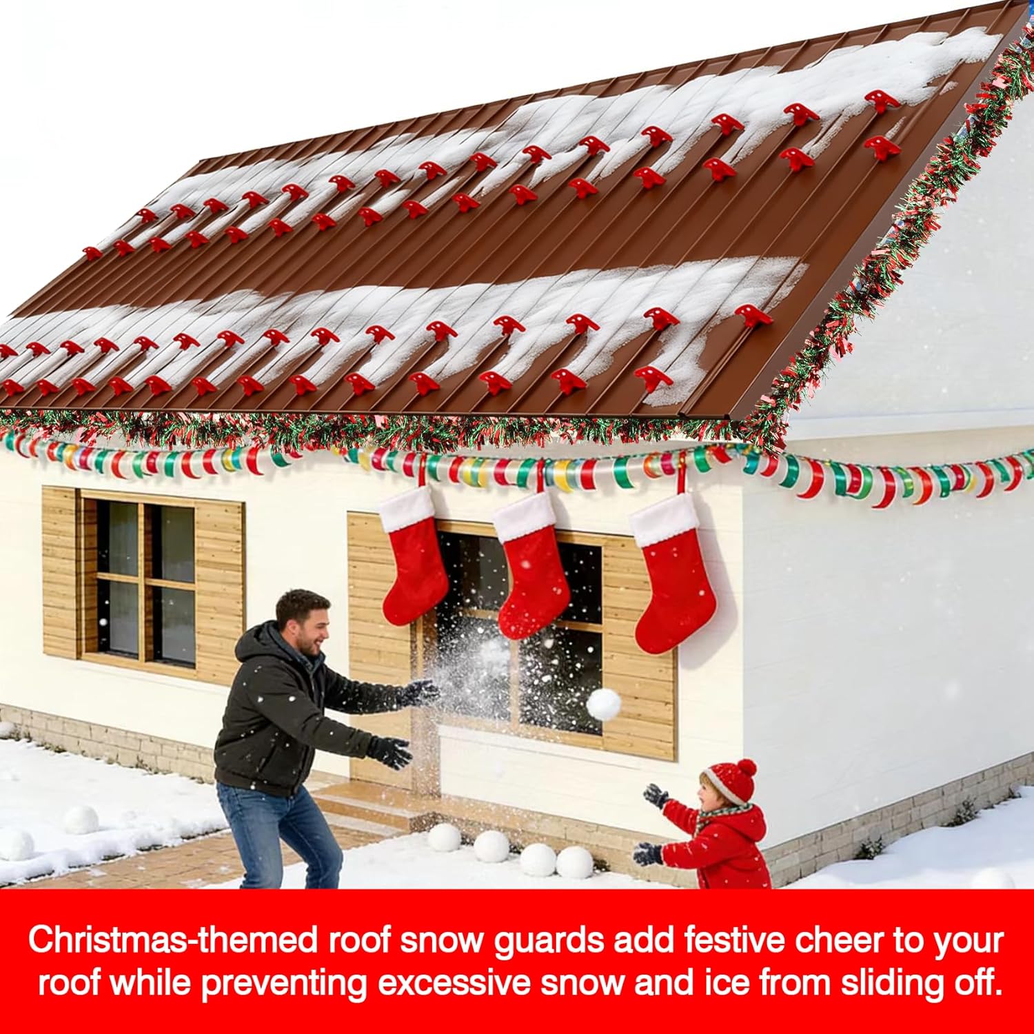 52 Pack Snow Guards for Metal Roofs, No Drill Installation, Snow Guards for Standing Seam Roofs with Seam Widths Less Than 1/2 Inch, Includes 65FT Christmas Tinsel Twist Garland