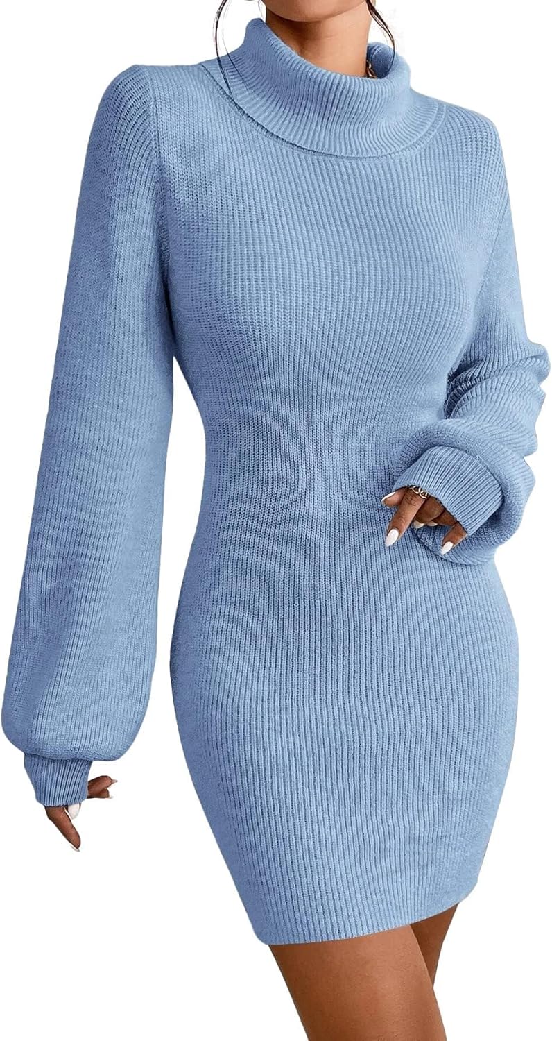Turtleneck Sweater Dress for Women Lantern Sleeve Bodycon Pullover Mini Sweater Dress Stretchable Elasticity Slim