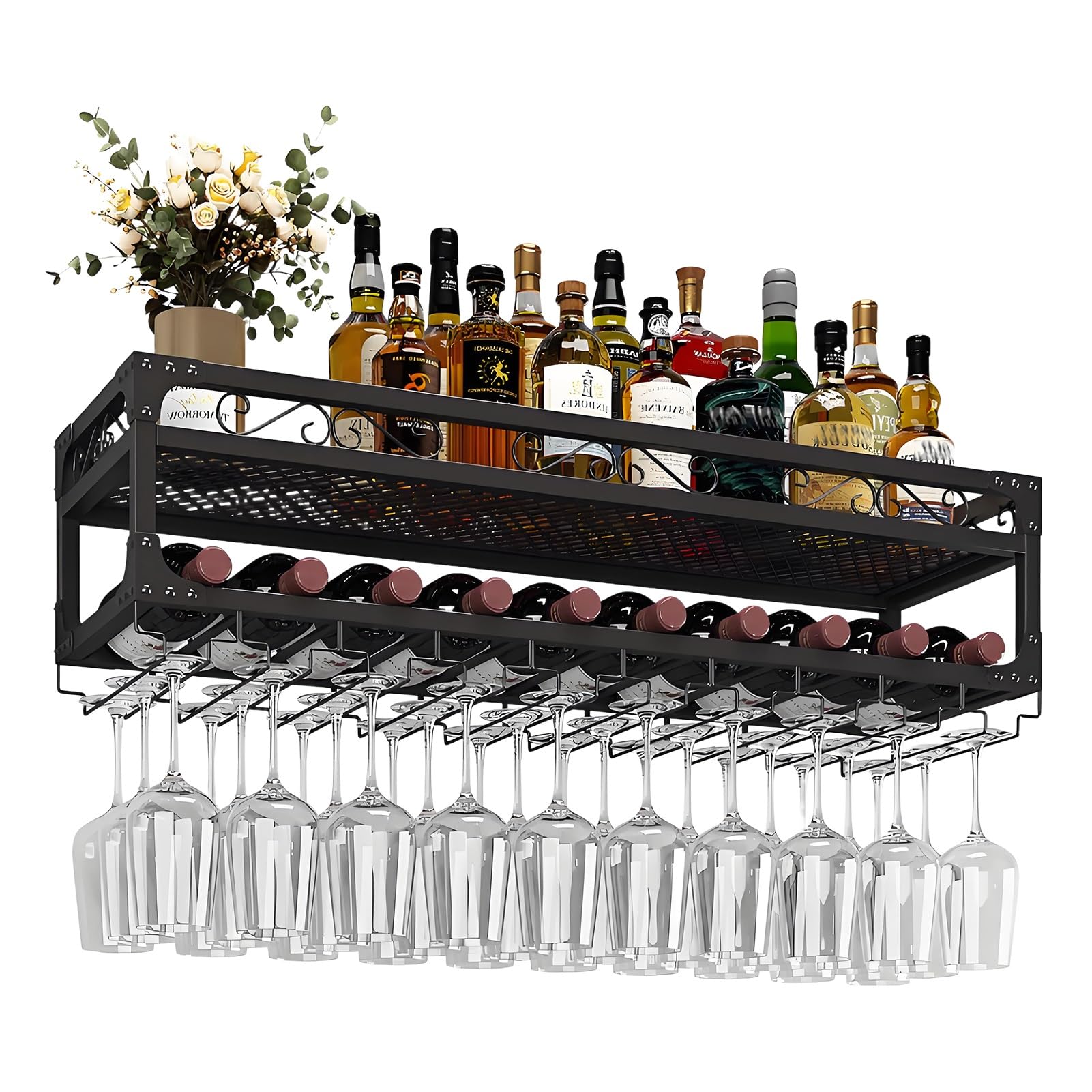 Étagère à vin murale industrielle en métal à 2 niveaux avec porte-verre pour bar à domicile
