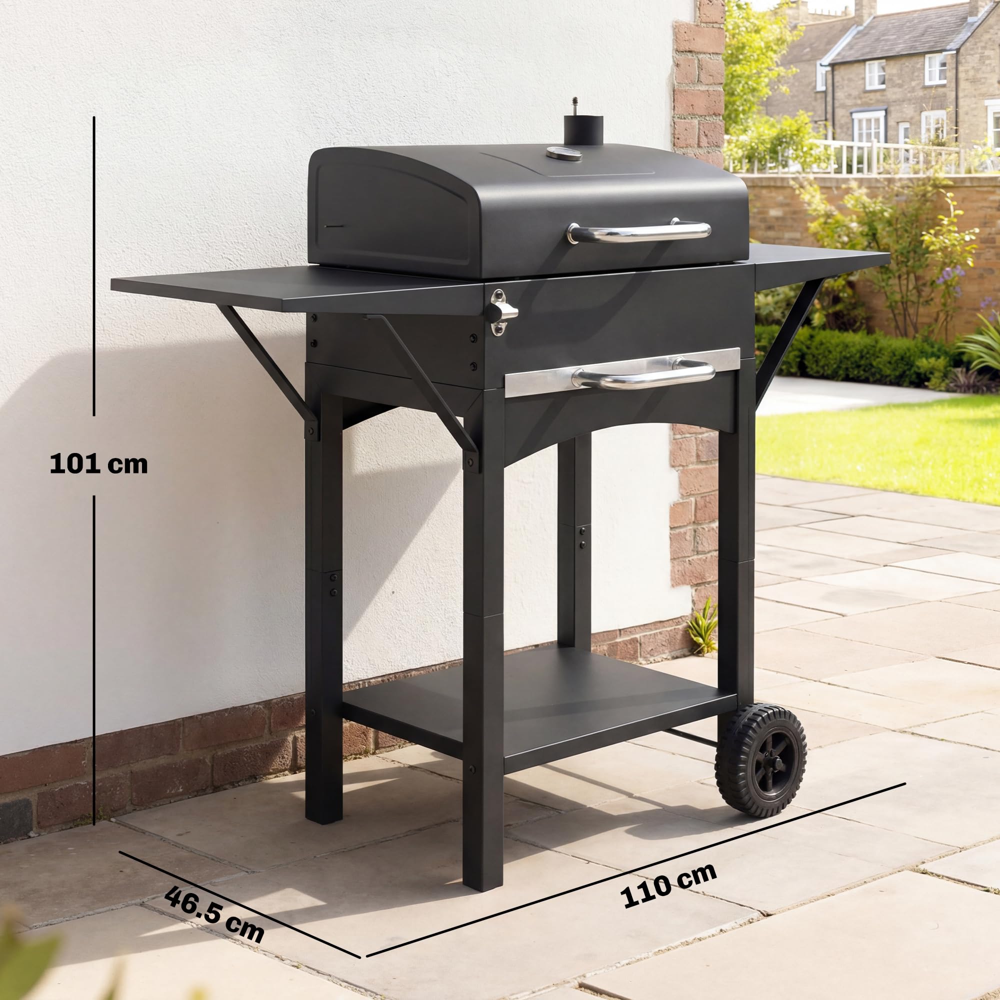 Outsunny Barbecue Carbonella Carrello con 2 Ripiani Laterali, Barbecue Portatile Affumicatore con Termometro, Griglia, Coperchio, Ruote Manico Acciaio Inox, BBQ Carbonella per Giardino Campeggio, Nero