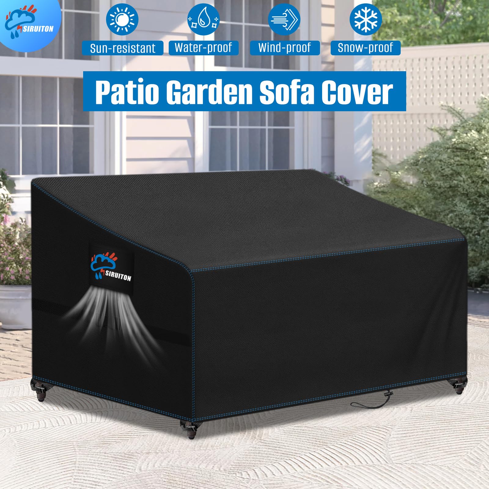 SIRUITON 131x69x65/89cm Copertura per Panca da Giardino a 2 Posti con Prese d'Aria,Telo Copri Panchina,Impermeabile,Antivento,Anti UV Tessuto Oxford 420D Resistente Copertura Panca Esterno- Nero