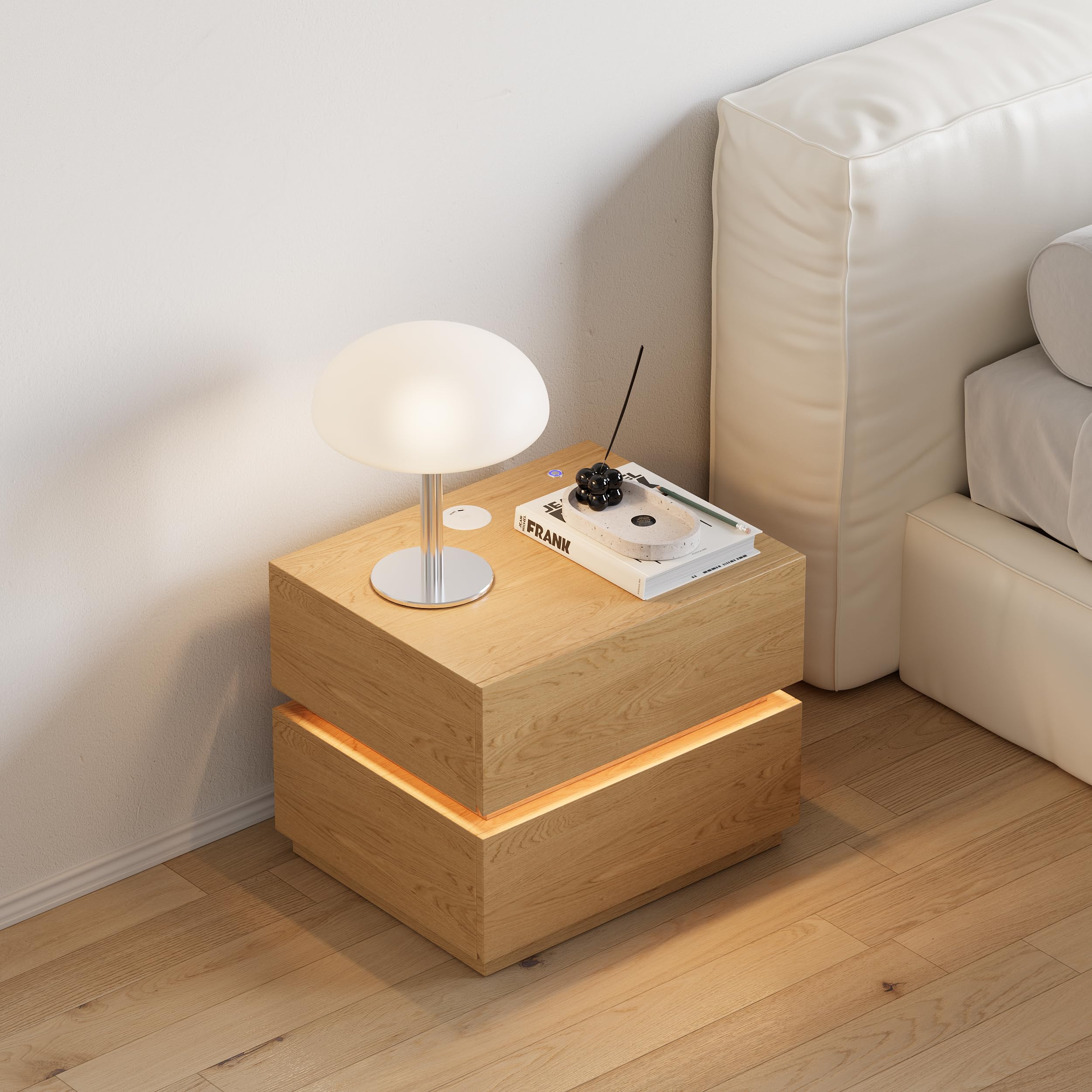 Homary LED Smart Nachttisch mit kabelloser Ladestation, Nachttisch mit Schubladen & USB-Anschlüssen, Modernes Nachtkästchen mit LED-Beleuchtung für Schlafzimmer