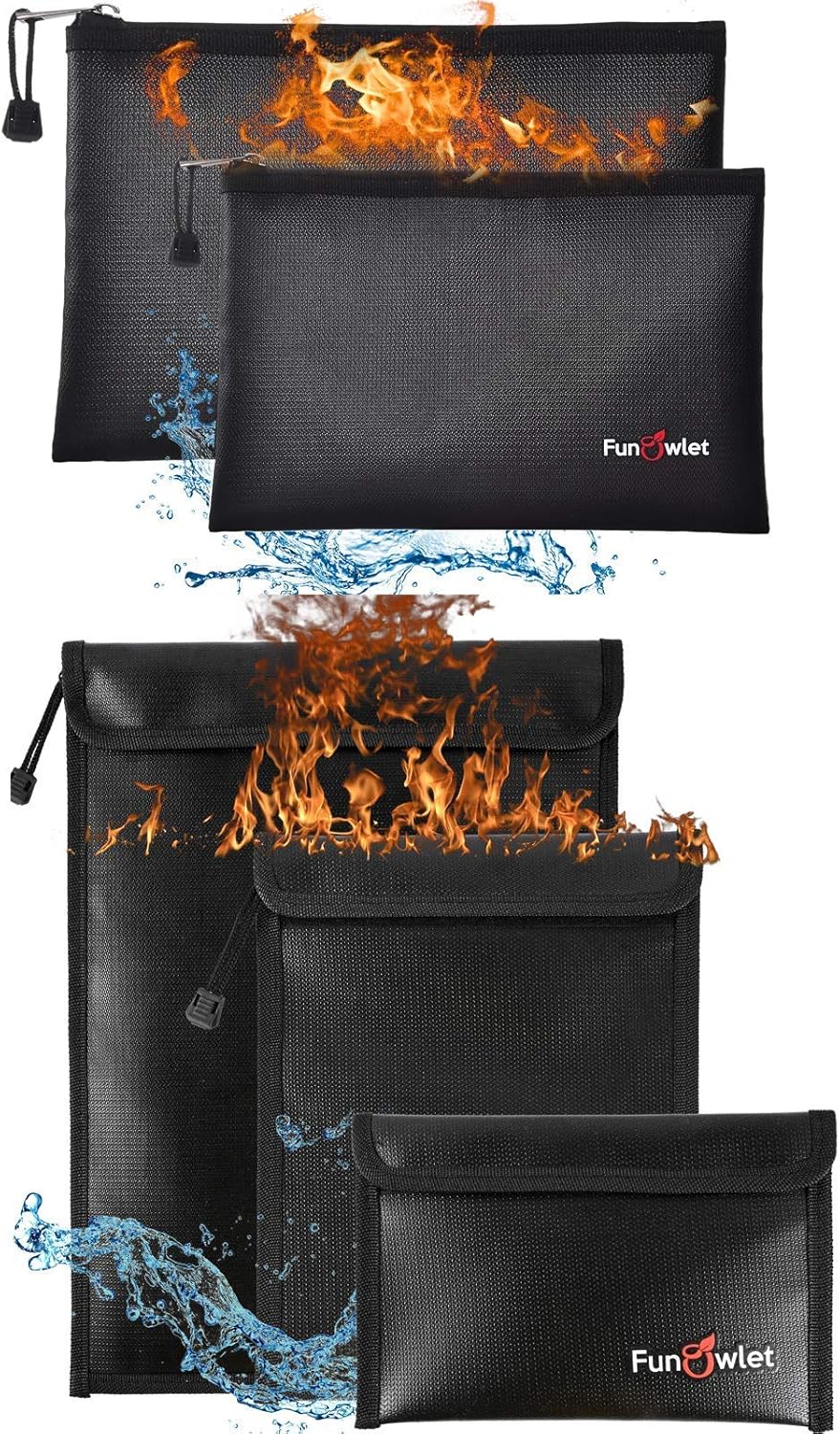Fireproof Waterproof Money Document Bag - 2+3 Pack Safe Upgraded Zipper Bags, Fire & Water Resistant Storage Organizer Pouch for A4 A5 Documents Holder,File,Cash,Jewelry,Passport,Tablet,Laptop (Black)