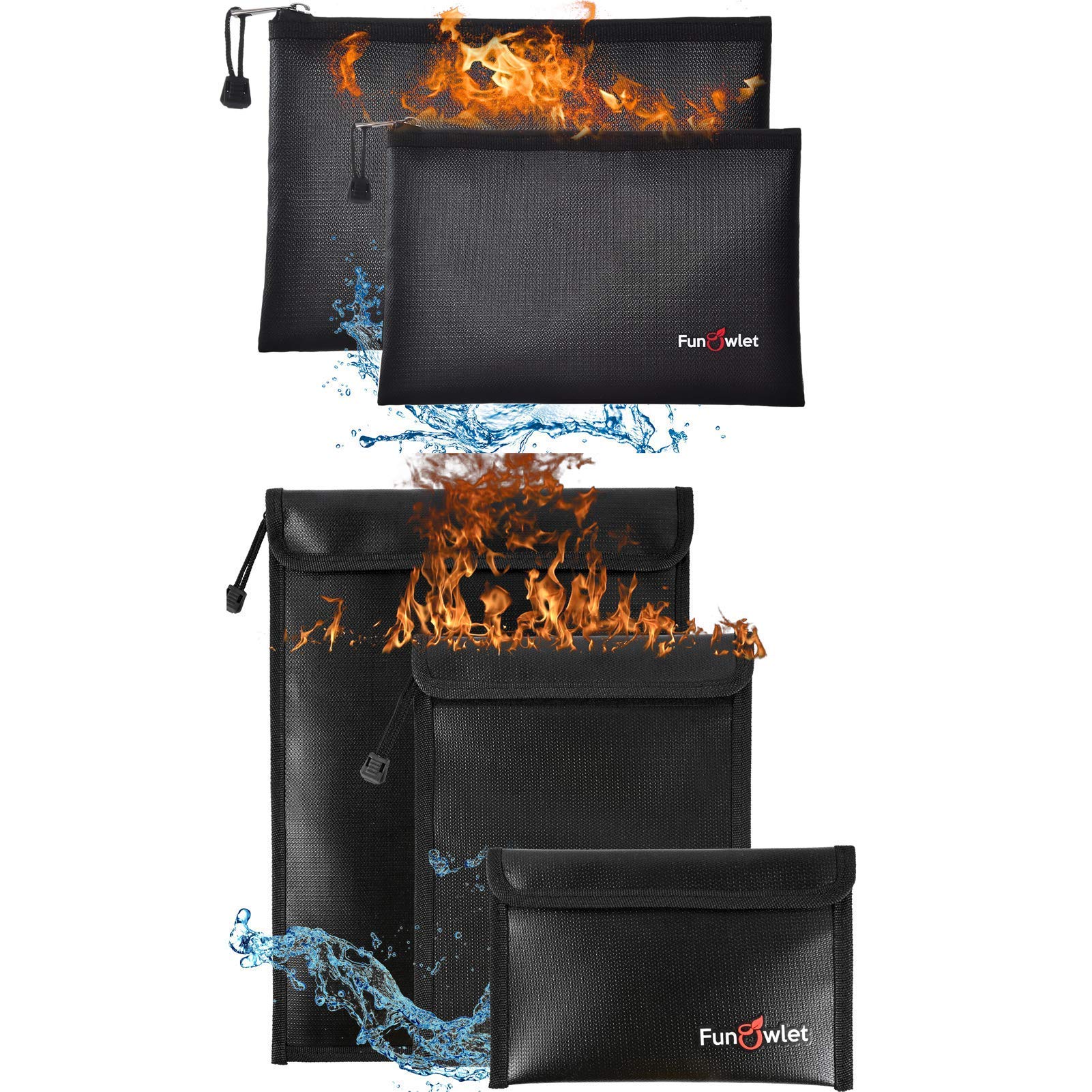 Fireproof Waterproof Money Document Bag - 2+3 Pack Safe Upgraded Zipper Bags, Fire & Water Resistant Storage Organizer Pouch for A4 A5 Documents Holder,File,Cash,Jewelry,Passport,Tablet,Laptop (Black)