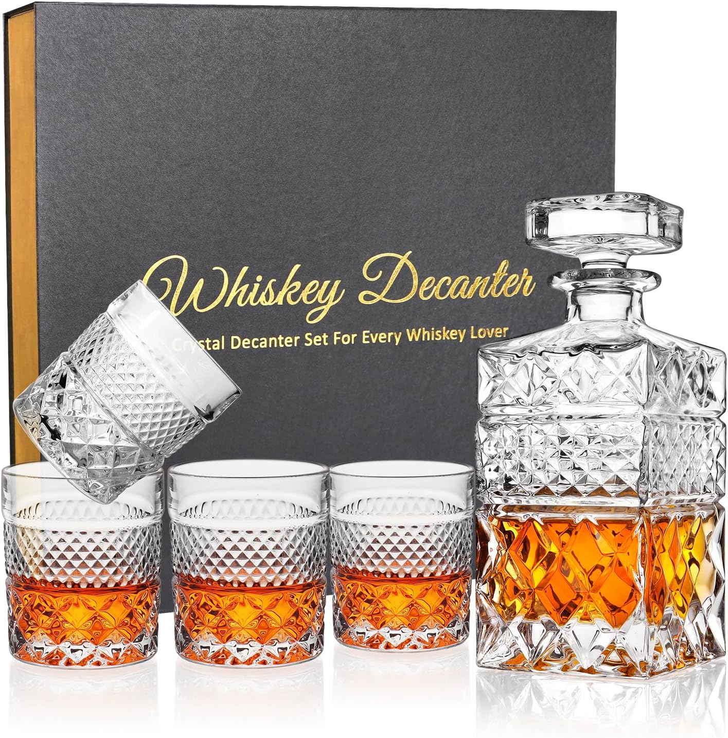Whiskey Decanter for Men, Liquor Decanter Set with 4 Whiskey Glasses in Gift Box, Idea for Whisky, Bourbon, or Scotch Lovers