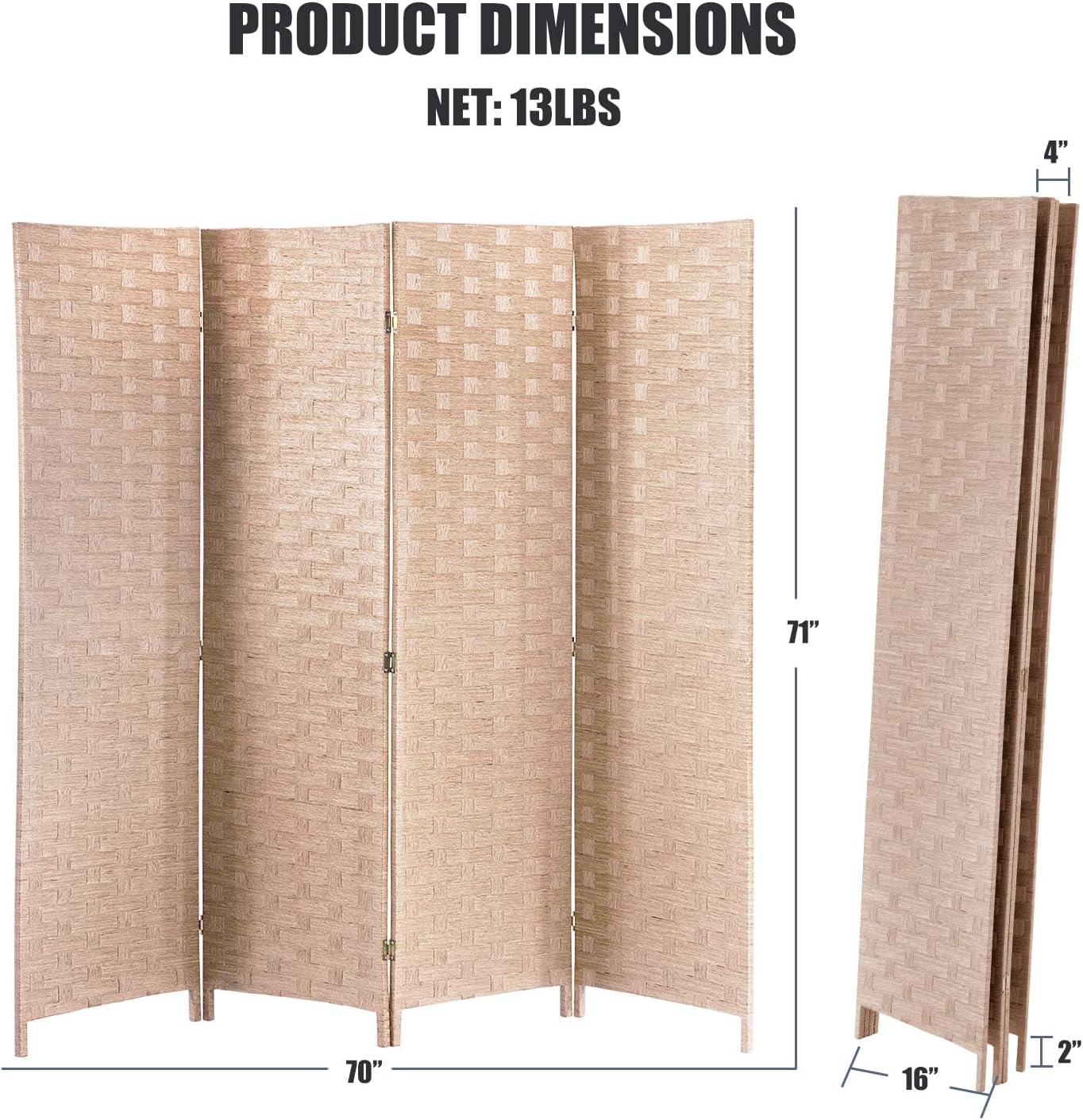 Room Divider,4 Panels 6FT Folding Privacy Screen Room Divider Wall Wood Mesh Hand-Woven Design Freestanding Partition Portable Wall for Home Office Bedroom(Natural)