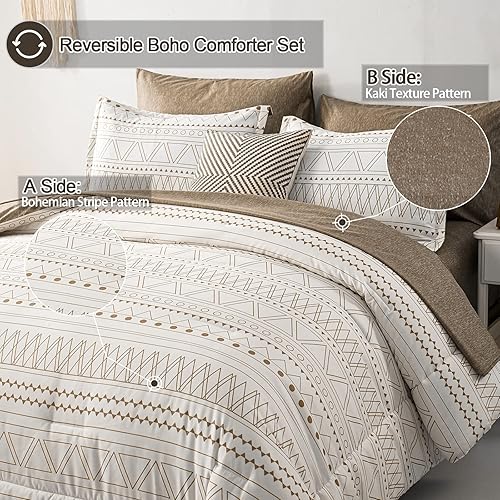 Miniatura 2 de WONGS BEDDING Juego de edredón de 7 piezas color caqui, cama bohemia en una bolsa, tamaño King, edredón geométrico a rayas, juego de ropa de cama