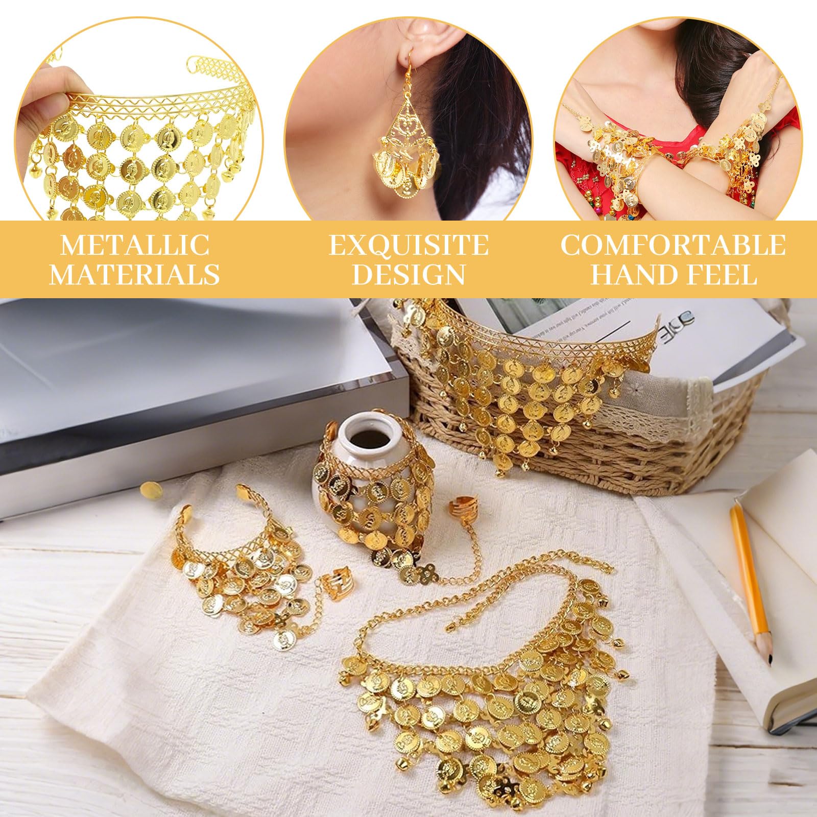 6 Pezzi Accessori per la Danza del Ventre, Set di Gioielli Placcati in Oro, Orecchini a Goccia con Moneta Bohemien, da Donna, per Halloween