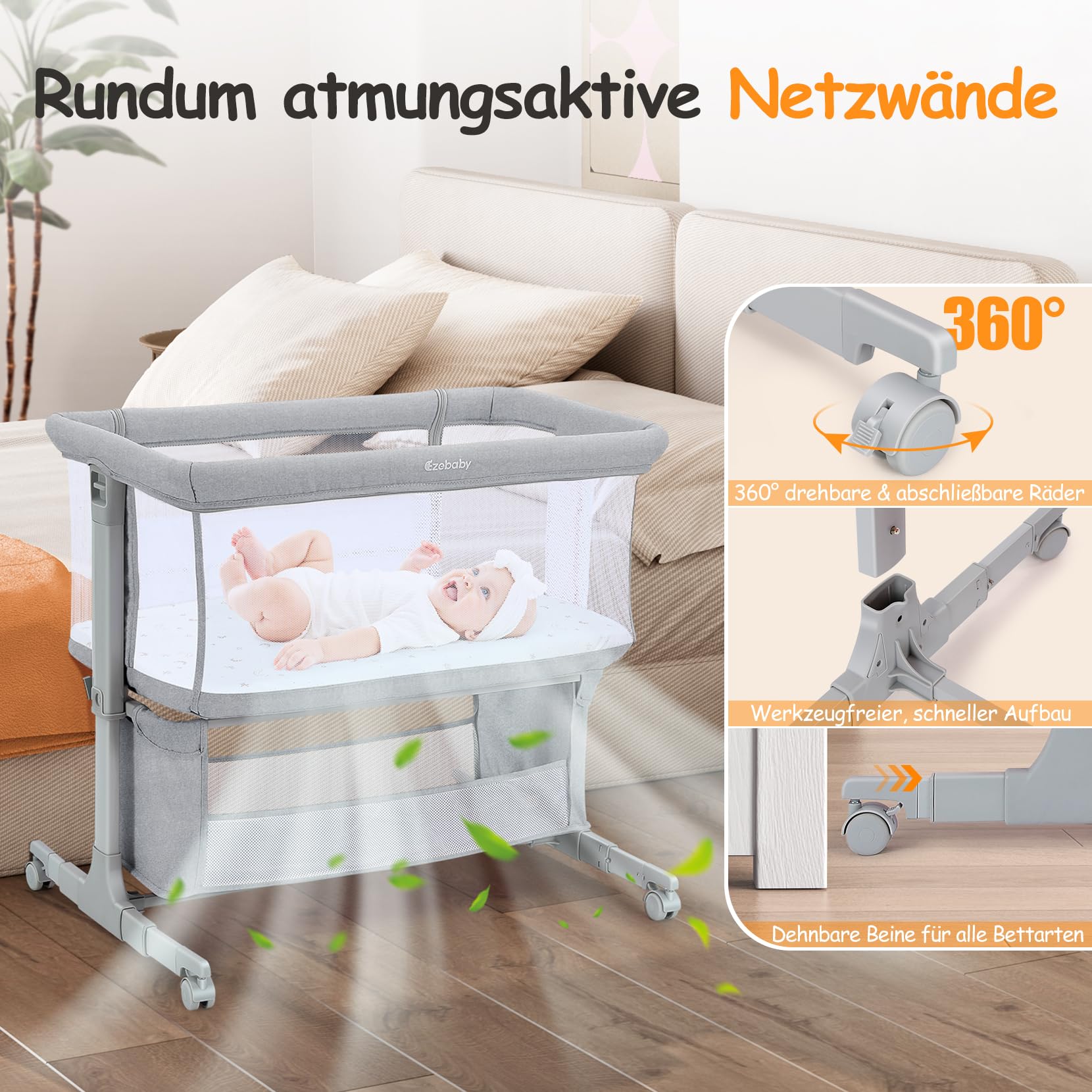 Baby Beistellbett 2-in-1, 7-fach höhenverstellbar, mit Rädern & Stauraum