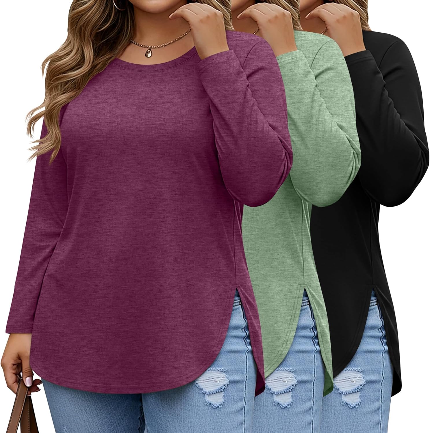 Ficerd 3 Pack Women's Plus Size Long Sleeve Tunic Tops Crewneck Loose Shirts Casual Curved Hem Side Split Basic Tee