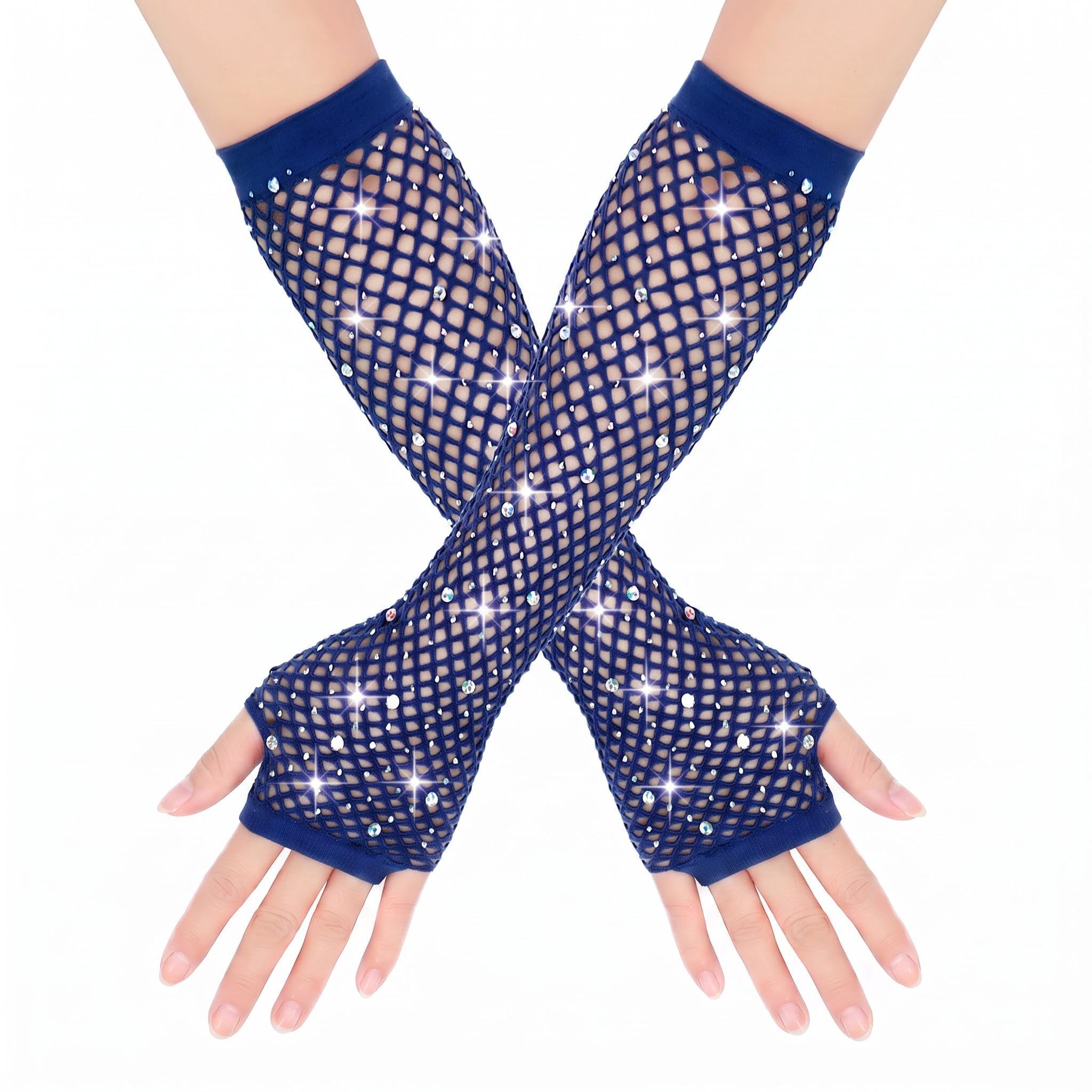 FEWOFJ Rhinestone Fingerless Fishnet Gloves 80s Costume Halloween for Women Bright Blue