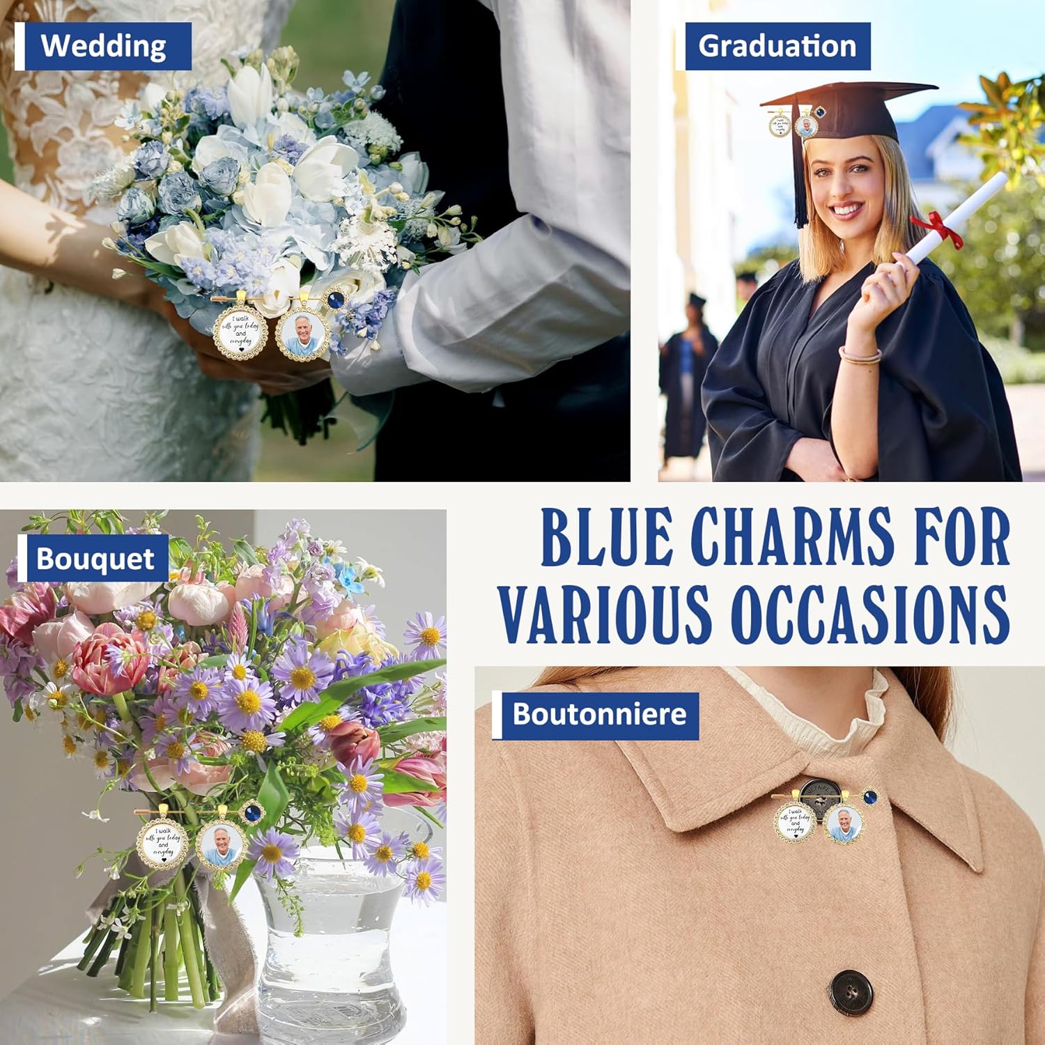 Bouquet Charms for Wedding Memory - Something Blue Gift For Bride, Wedding Bouquet Photo Charms Silver, Something Blue Before I Do Bridal Gift DIY Photo Pin Making Kit Bride Daughter Flowers - Image 7