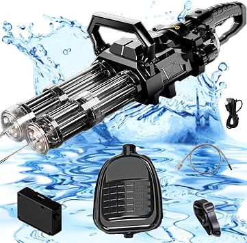Electric Double Barrel Gatling Water Gun, Can Emit Light,Rechargeable Module Battery Included, Large Capacity Backpack Black