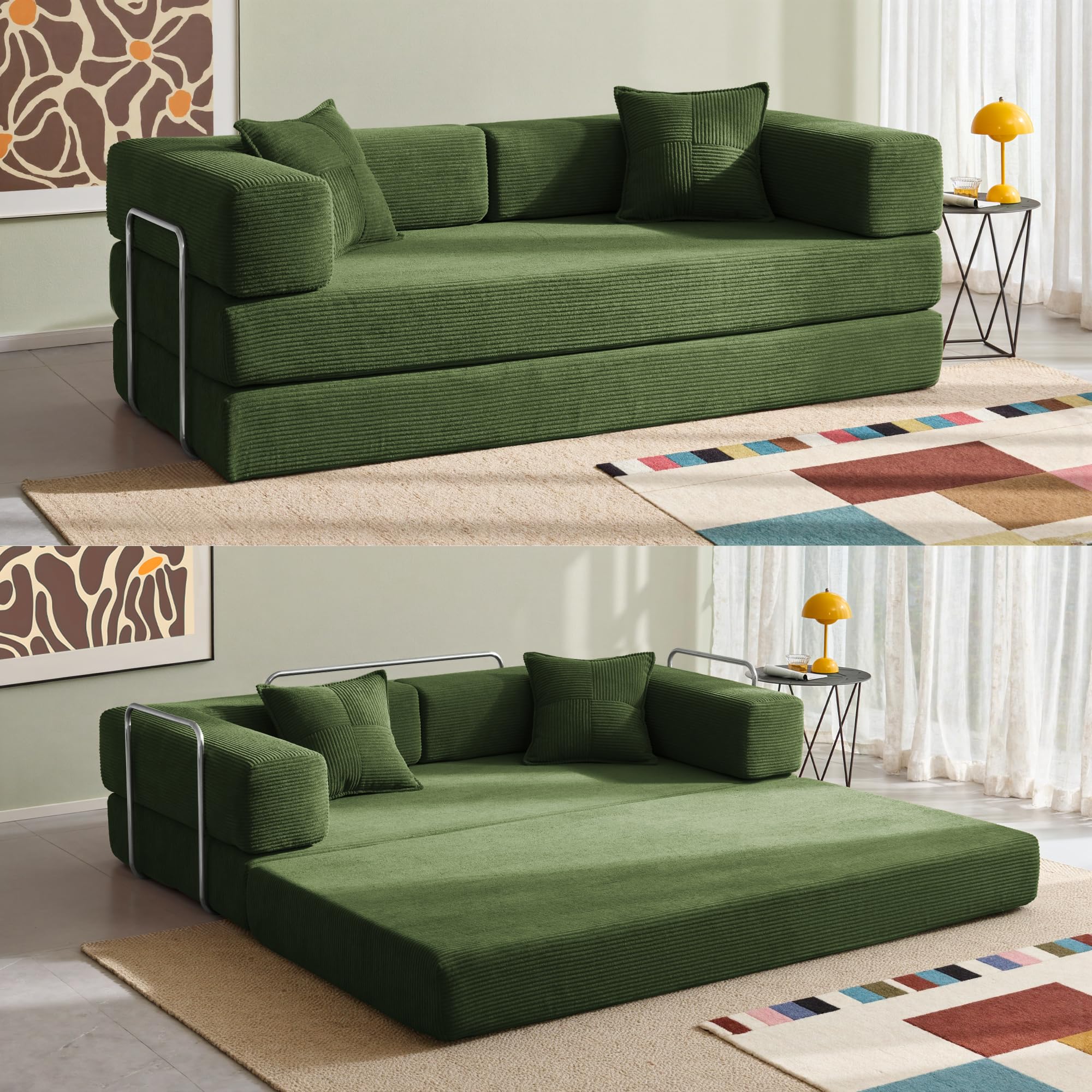 YINIX Foldable Sofa Bed, 78'' Folding Floor Couch, Compressed Convertable Sleeper Sofa, Memory Foam Couch with Pillow Back Support Armrest, 4-in-1 Futon Sofa Bed for Living Room, Green