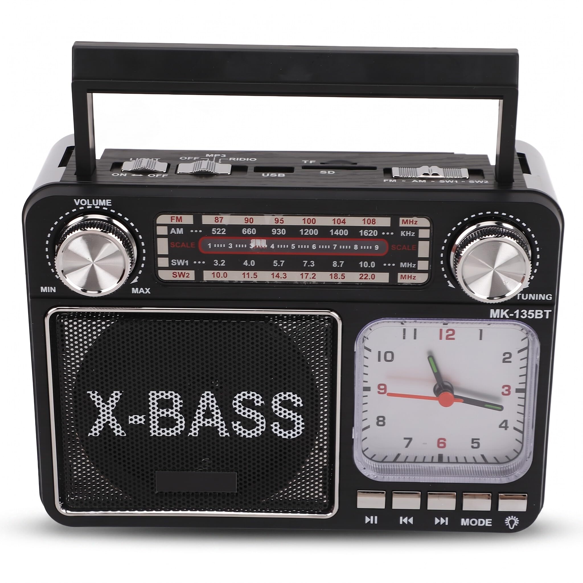 Radio AM FM SW, małe retro vintage z zegarem świetlnym, głośnik Bluetooth, gniazdo słuchawkowe, obsługa kart USB TF, 3 opcje zasilania (wtyczka EU)