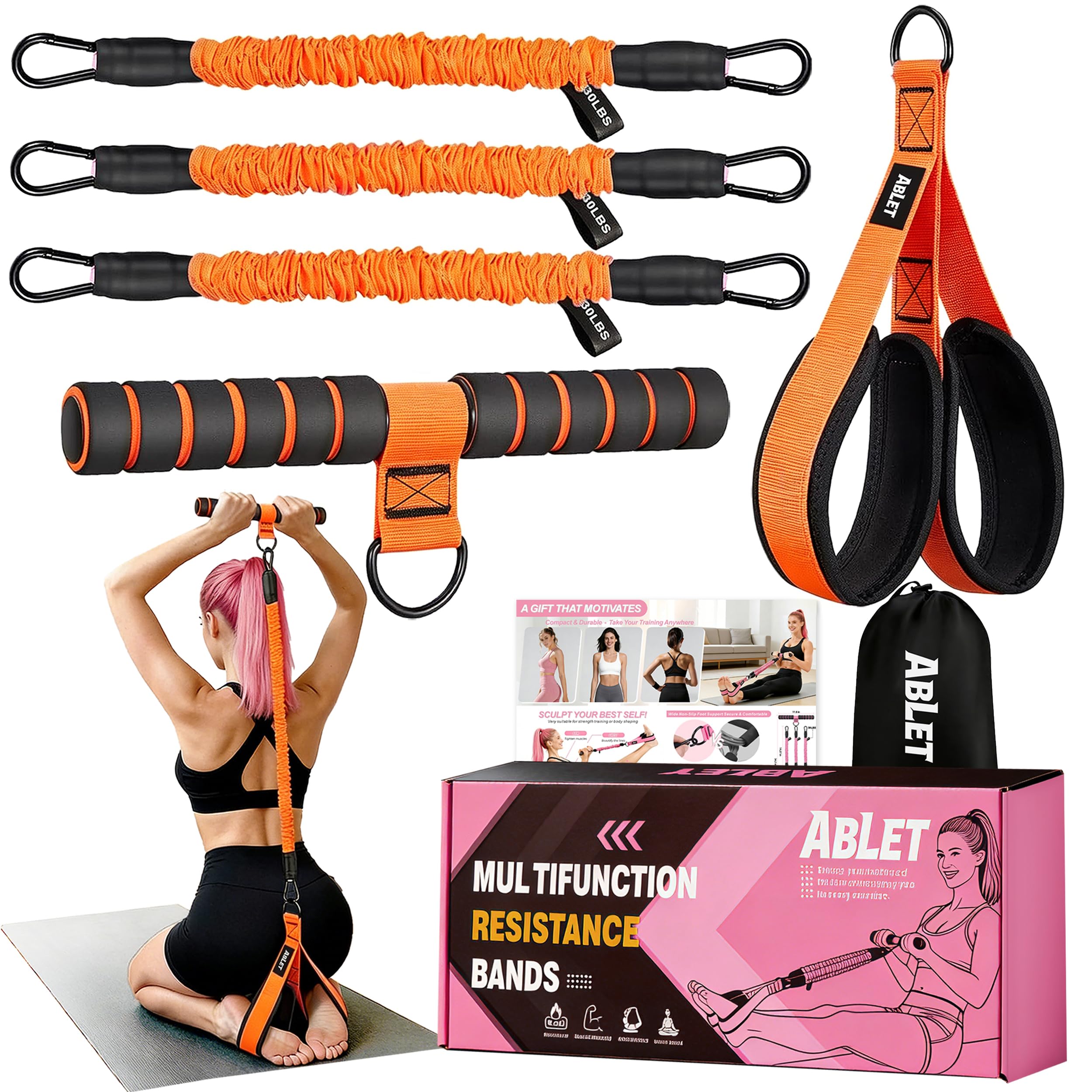 3 Tube Pedal Resistance Band with Handle, Upgraded Multifunction Adjustable Home Workout Equipment for Women, Full Body Toning Bands for Abs Waist Core Arms Legs Glutes, Sit Up Exercise Tool, Orange