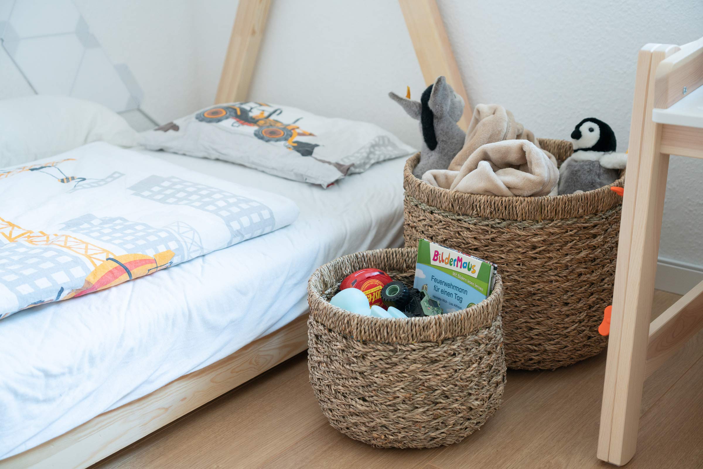 Decorasian Seegras-mand rond gevlochten, manden voor het opbergen en als bloemenmand - bloempot in bast of rotan look - zeegrasmand met handvat om te dragen - wasmand - 45 cm