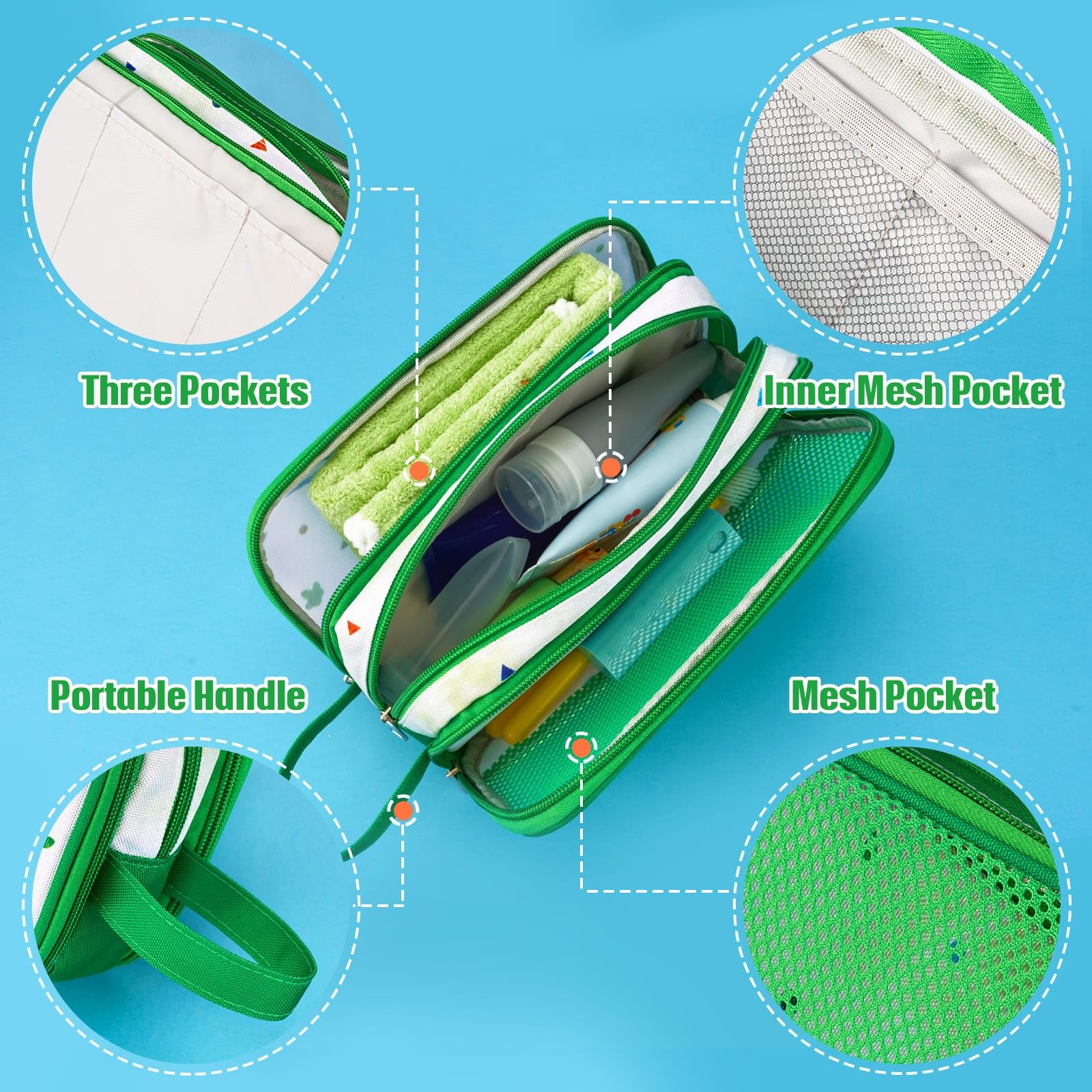 WAWSAM Trousse de Toilette Enfant - Dinosaure Sac de Toilettes Trousses de Toilette Bebe pour Voyage Déplacement Camping Résistant à l'eau Portable Trousse Toilette Voyage pour Cadeau