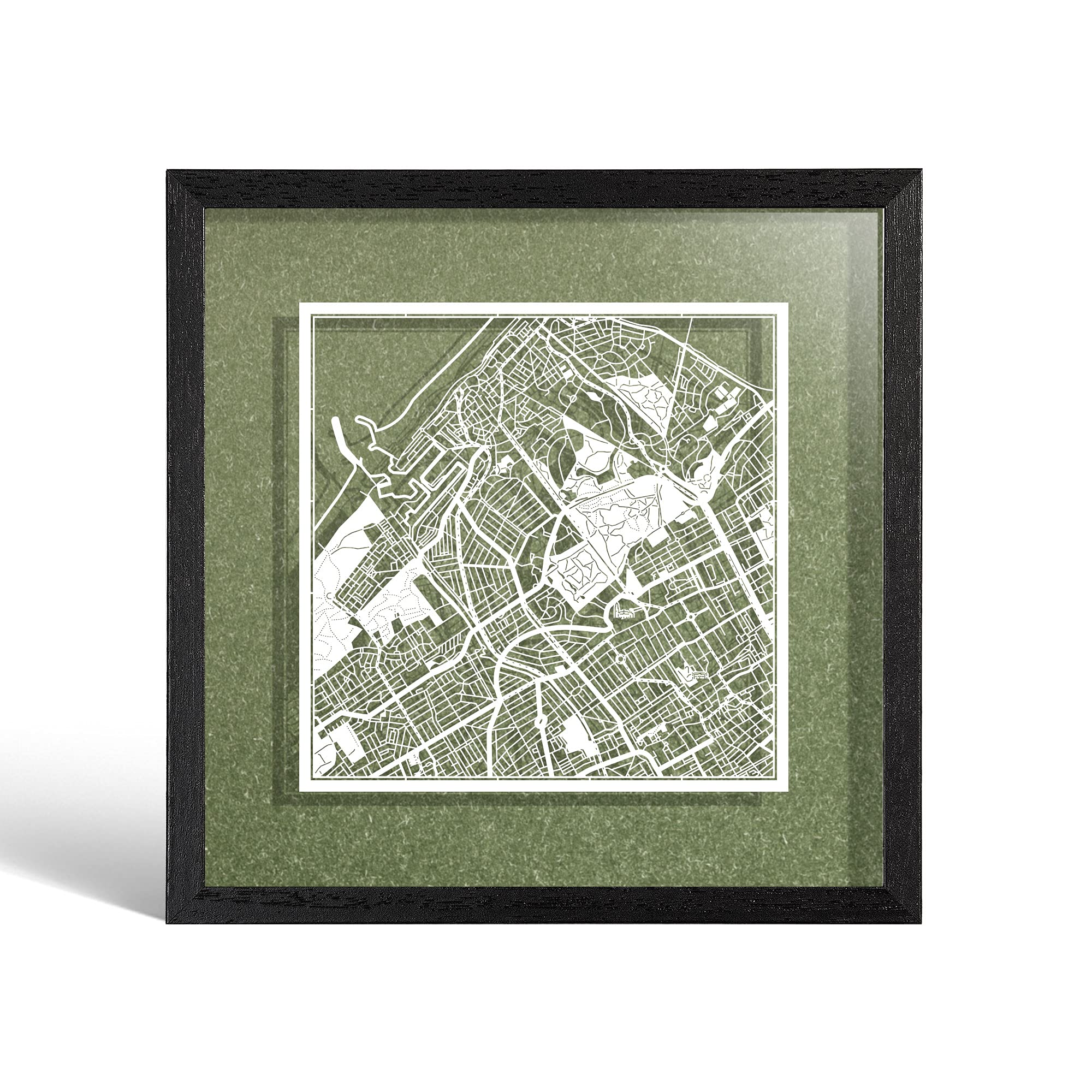 O3 DESIGN STUDIO The Hague Paper Cut Map framed, White map, Black frame, 23x23 cm, Gift Boxed, 4 background color, self-changing, Paper Art — image 1