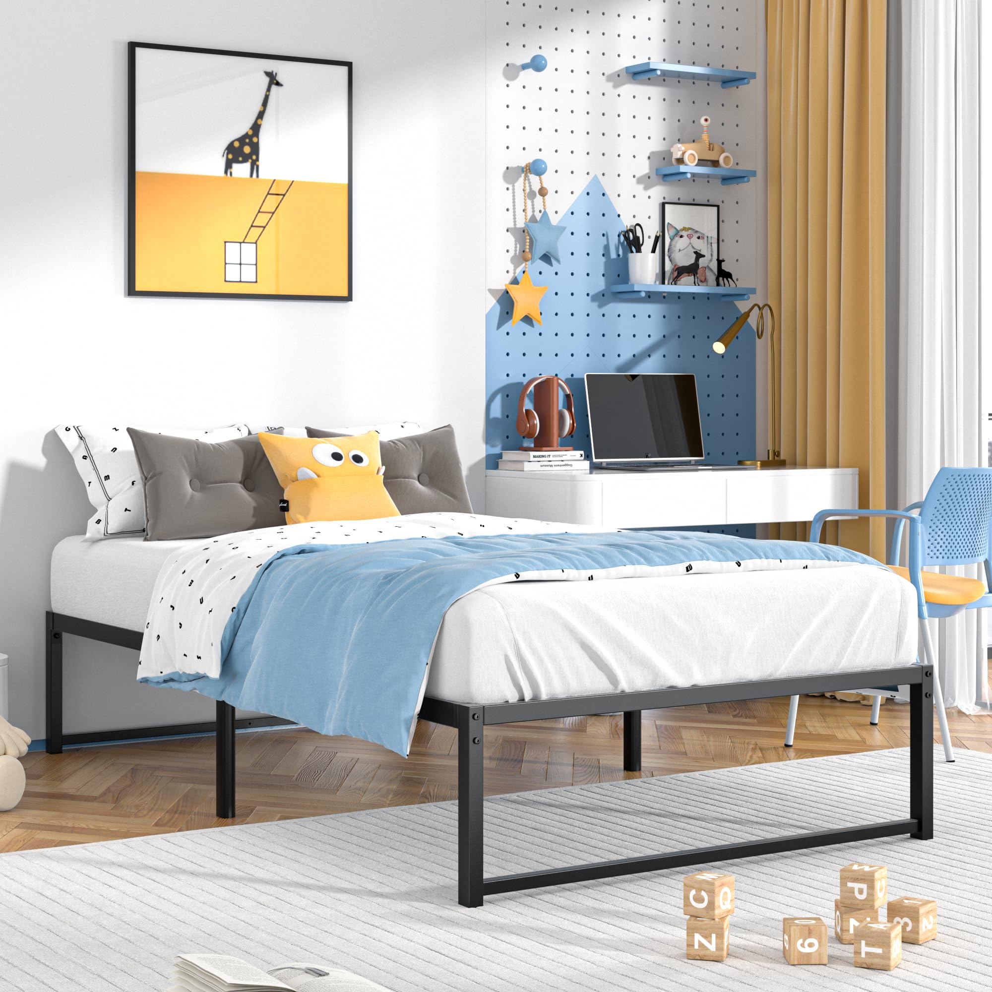 VECELO 14" Metal Platform Bed Frame for Kids/Mattress Foundation/No Box Spring Needed (Twin Size)