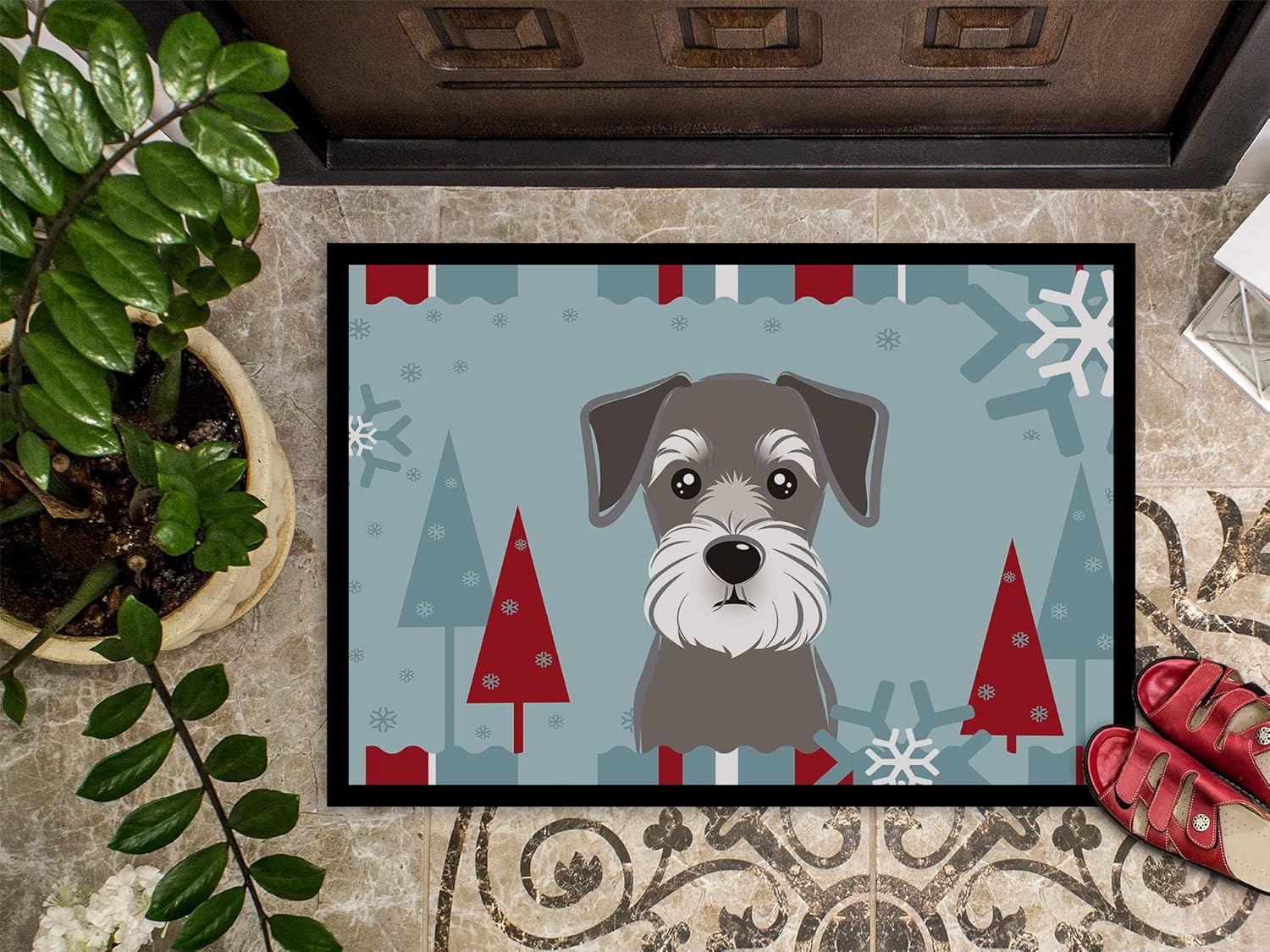 Caroline's Treasures BB1702MAT Winter Holiday Schnauzer Doormat 18x27 Front Door Mat Indoor Outdoor Rugs for Entryway, Non Slip Washable Low Pile, 18H X 27W