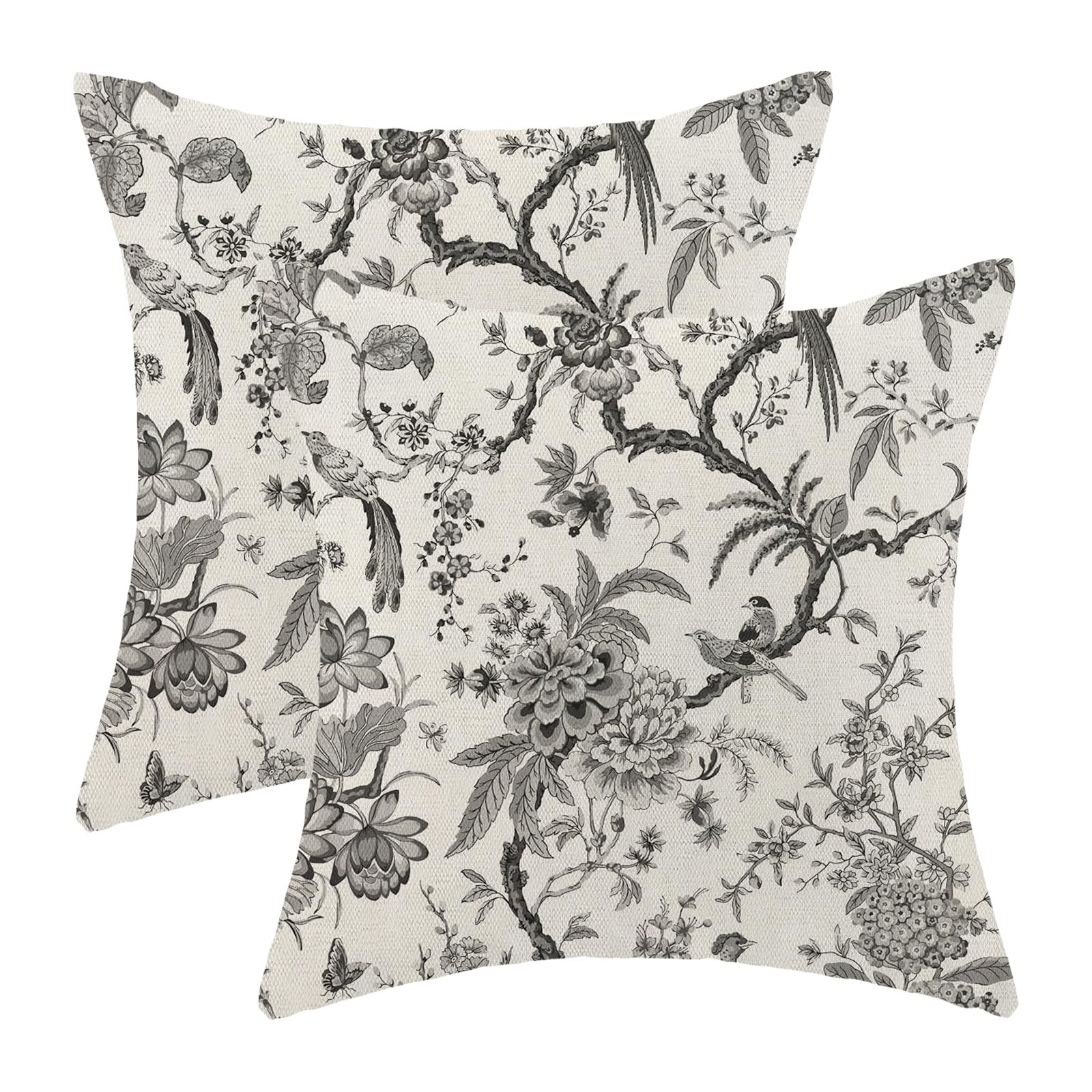 CXMEIFLY Spring Floral Birds Pillow Covers 18 x 18 Inch Set of 2 for Chinoiserie Flowers Decor Throw Pillows Black and White Plant Outdoor Decorative