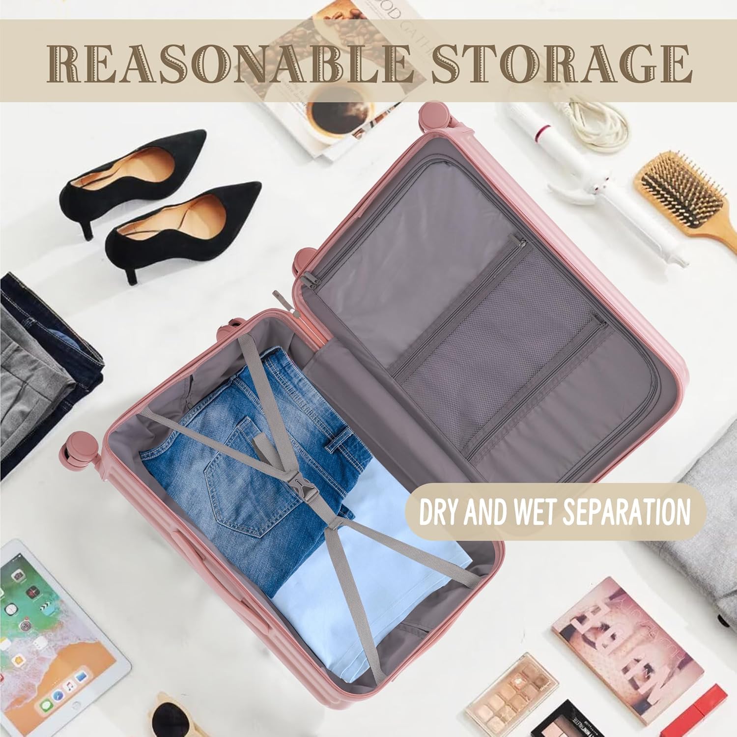 20"/24"/28" 3-Piece ABS Spinner Wheel Luggage Set with USB Port, Cup Holder & Phone Holder – Lightweight Carry-On Suitcase, Durable & Waterproof Hardshell Luggage for Travel,Pink