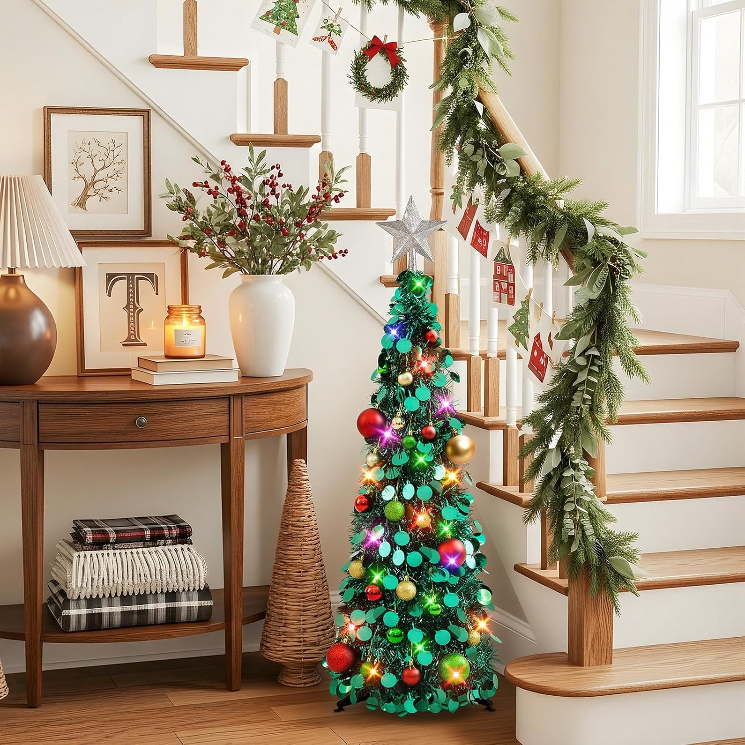 N&T NIETING Pop Up Christmas Tree with Lights, Collapsible Tinsel Xmas Tree Decorations, Pencil Christmas Tree Skinny Tree for Holiday Xmas Home Office Decor, 25 Balls, 3Ft, Peacock Blue