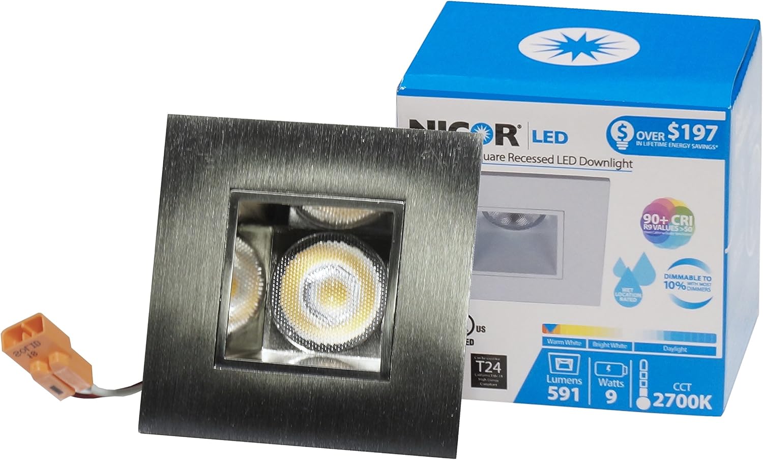 New Deal NICOR Lighting 2 inch Square LED Downlight in Nickel, 3000K (DQR2-10-120-3K-NK)
