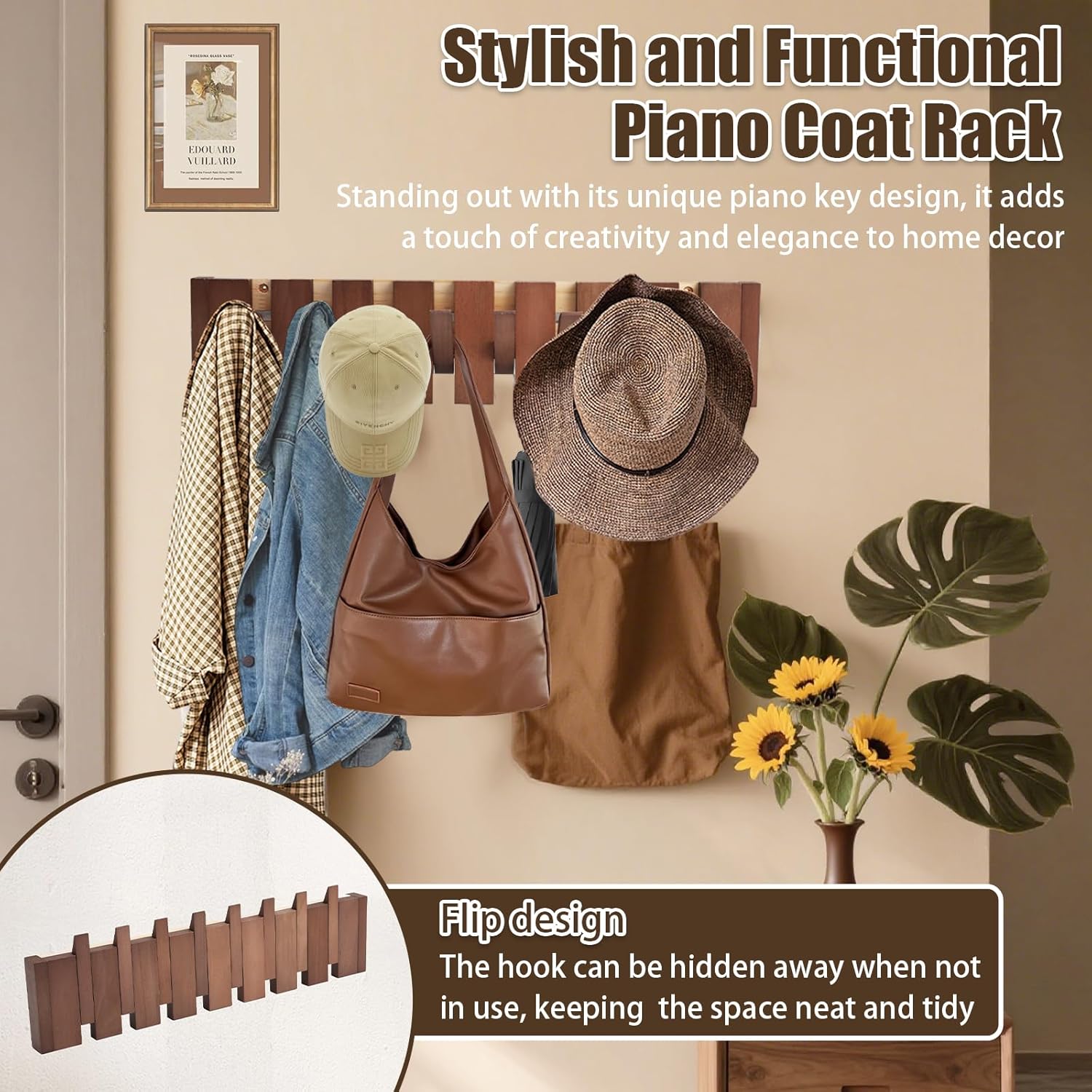Wall Mounted Piano Coat Rack with 8 Magnetic Flip Down Hooks, Natural Wood Coat Rack for Entryway, Hallway, Bedroom, Heavy Duty Coat Hooks for Coats, Keys, Hats, Bags, Towels & More