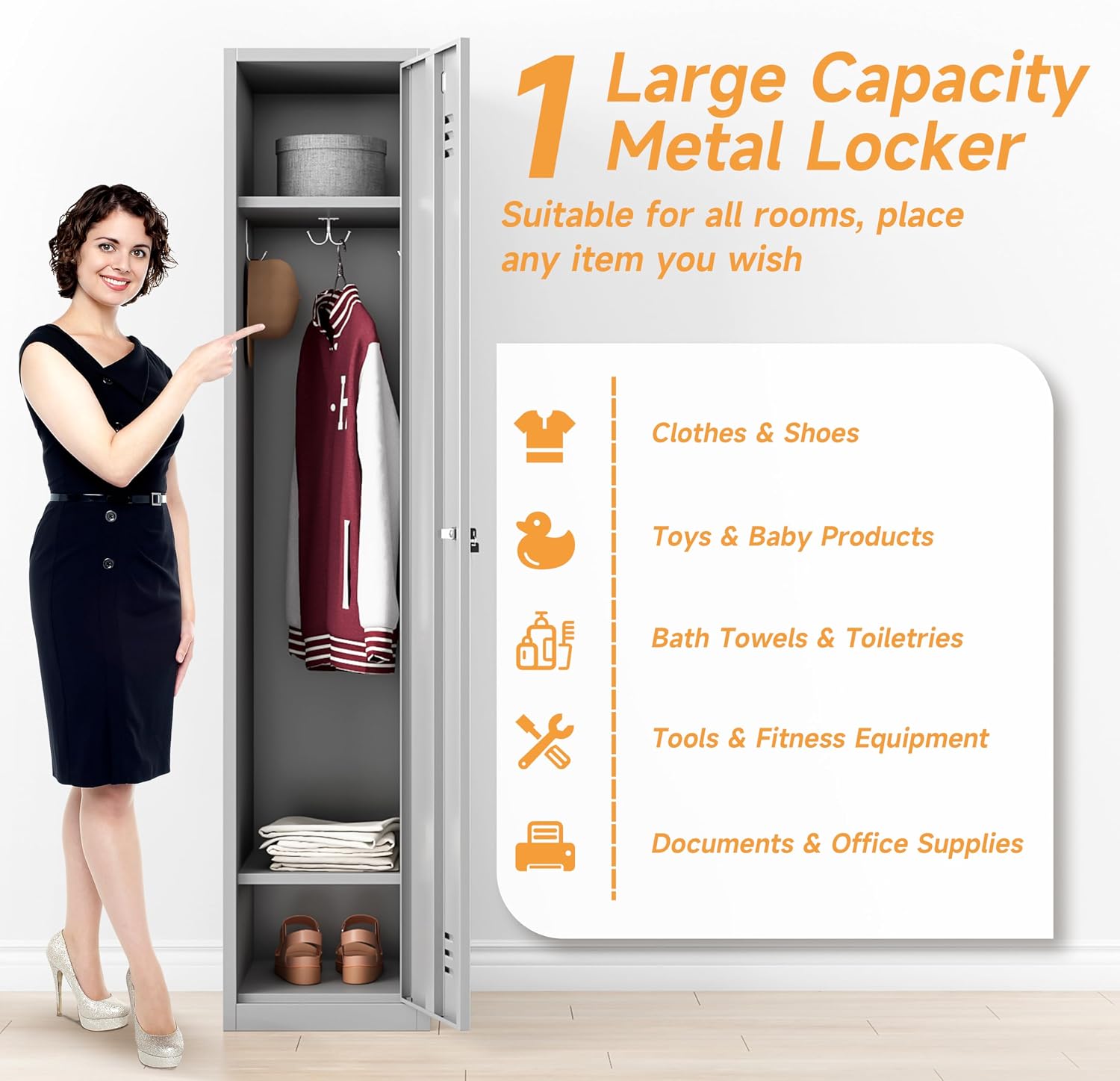 Bestoo Metal Locker interior showing clothes, shoes, and other items stored on shelves and hooks.