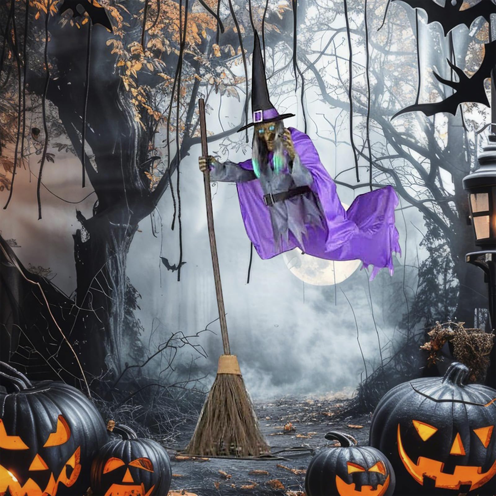 Fliegende Hexe Auf BesenHalloween, Animatronic Halloween Figuren mit Gruseligem Sound und Lichtern für Outdoor Deko
