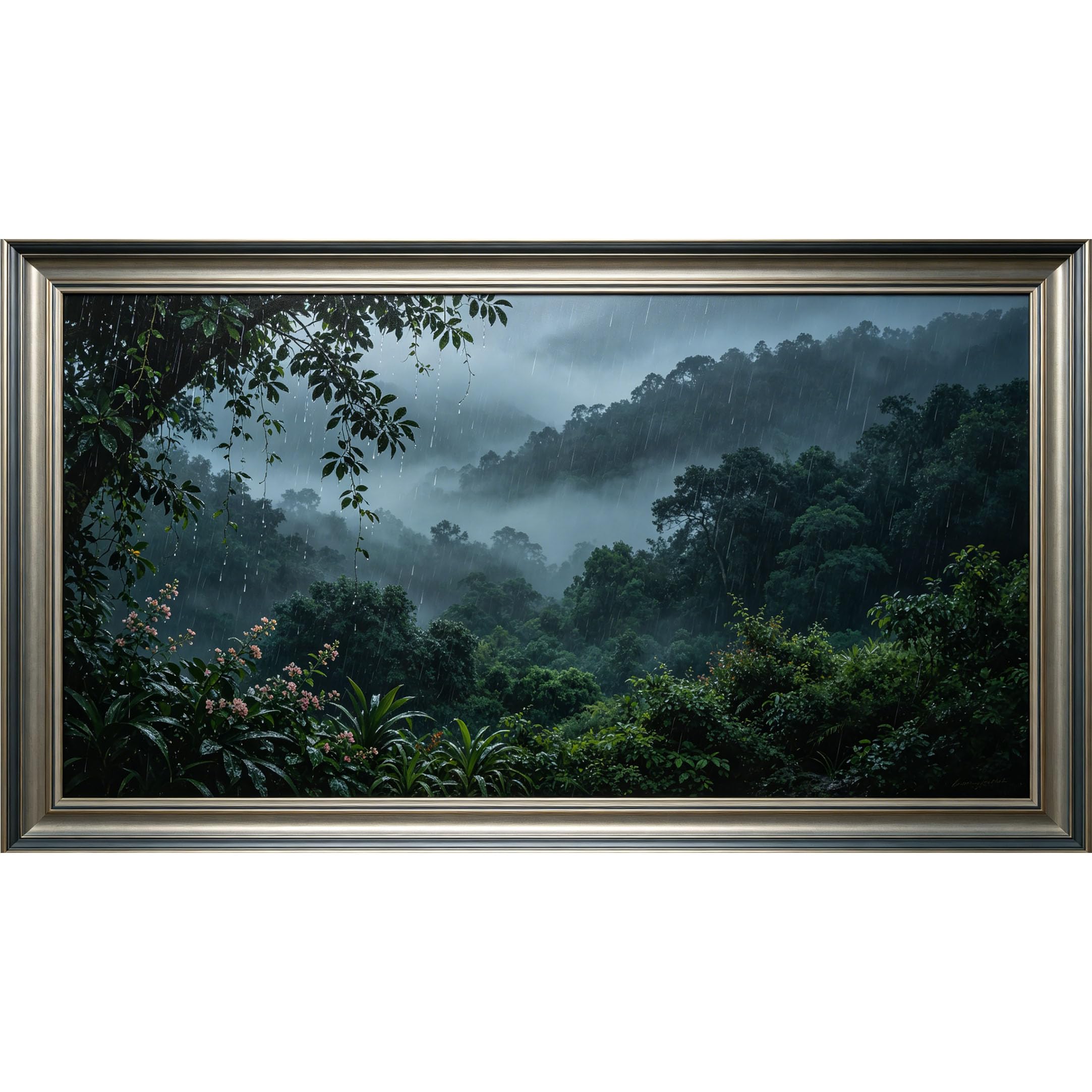 QZLITHOTIC 50x90cm3D Framed Wall Art， Misty Jungle Rainforest Landscape Self‑Adhesive Mural， Water‑Activated Peel & Stick Fabric Decor Wall Decal for Bedroom Living Room